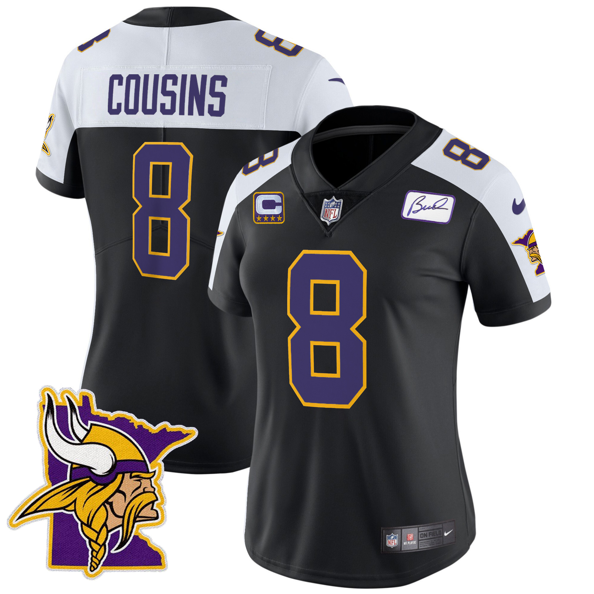 Kirk Cousins Women's Minnesota Vikings Bud Grant Patch Classic Limited Black Alternate Jersey - All Stitched