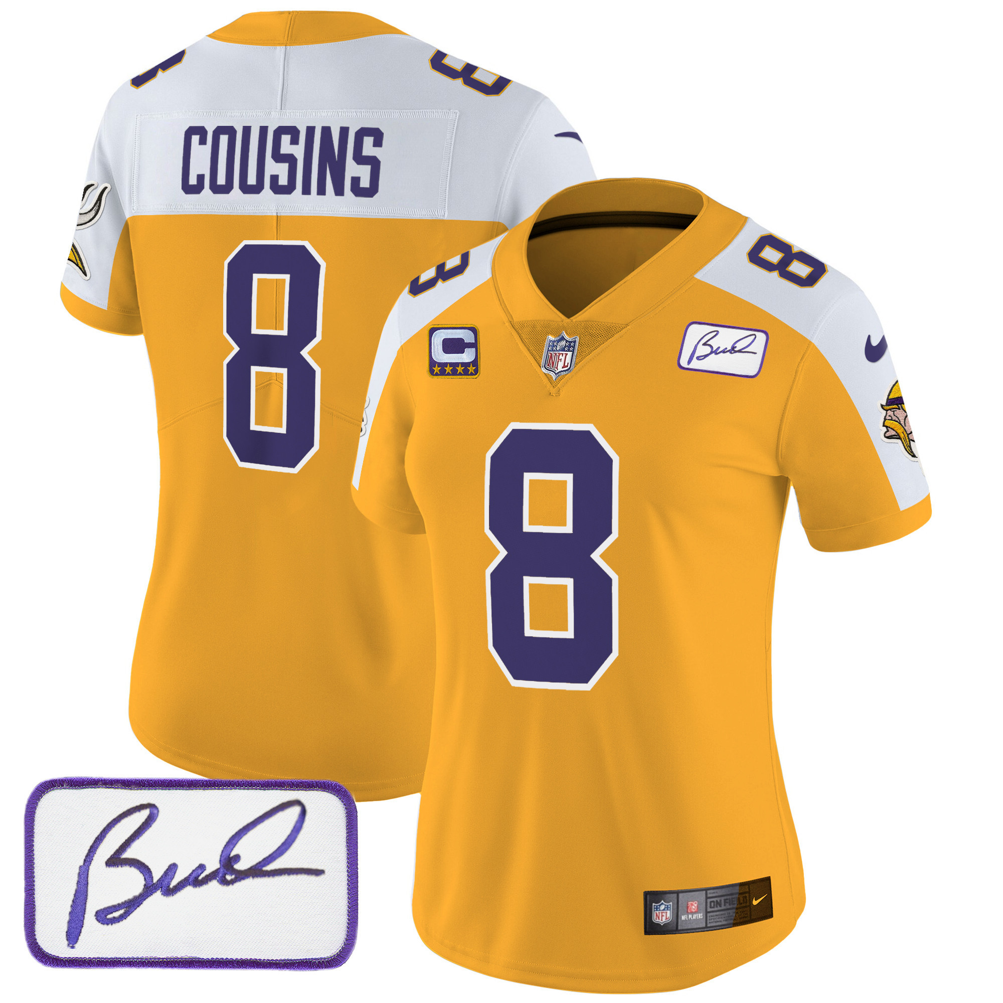 Kirk Cousins Women's Minnesota Vikings Bud Grant Patch Classic Limited Gold Alternate Jersey - All Stitched