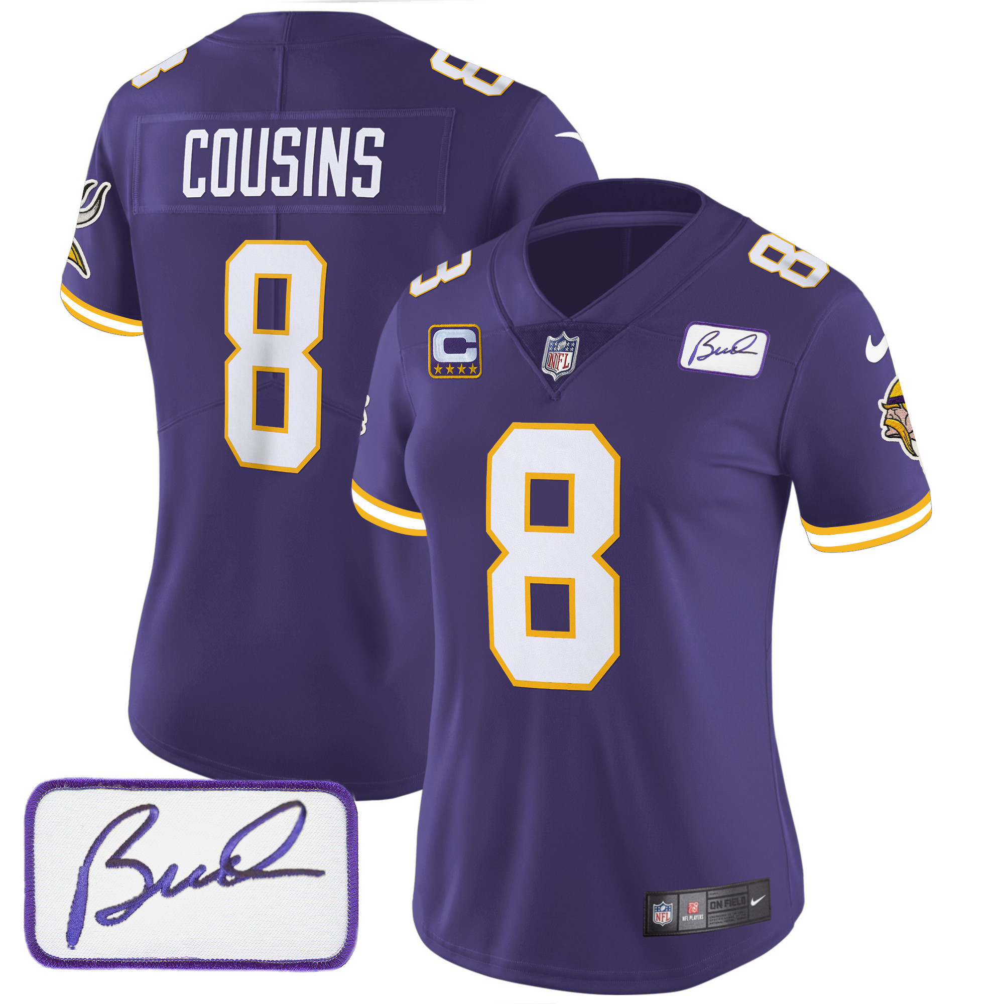Kirk Cousins Women's Minnesota Vikings Bud Grant Patch Classic Limited Purple Jersey - All Stitched