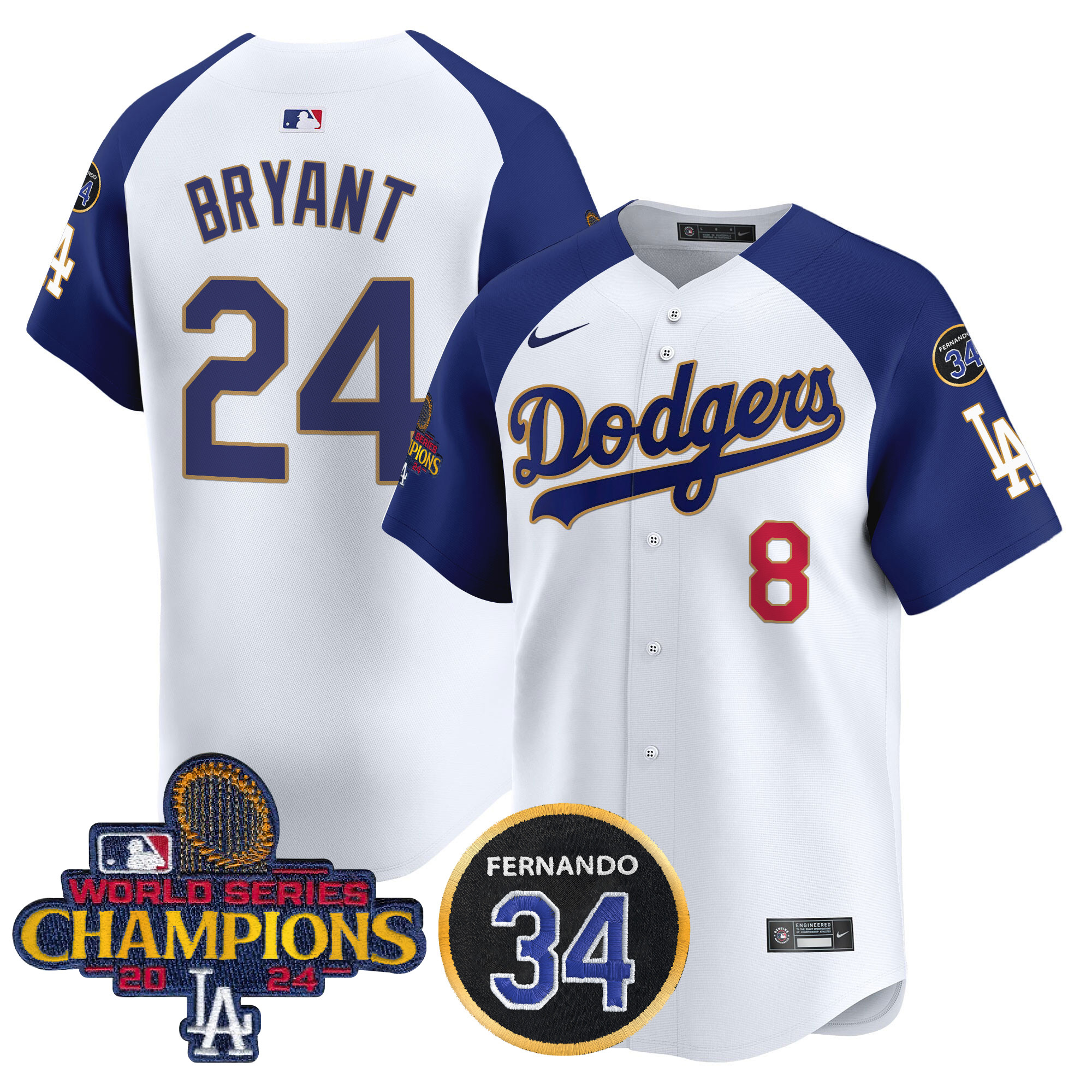 Kobe Bryant Men's Los Angeles Dodgers 2024 World Series Champions Gold Trim Vapor Premier Limited White Alternate Jersey V2 - All Stitched