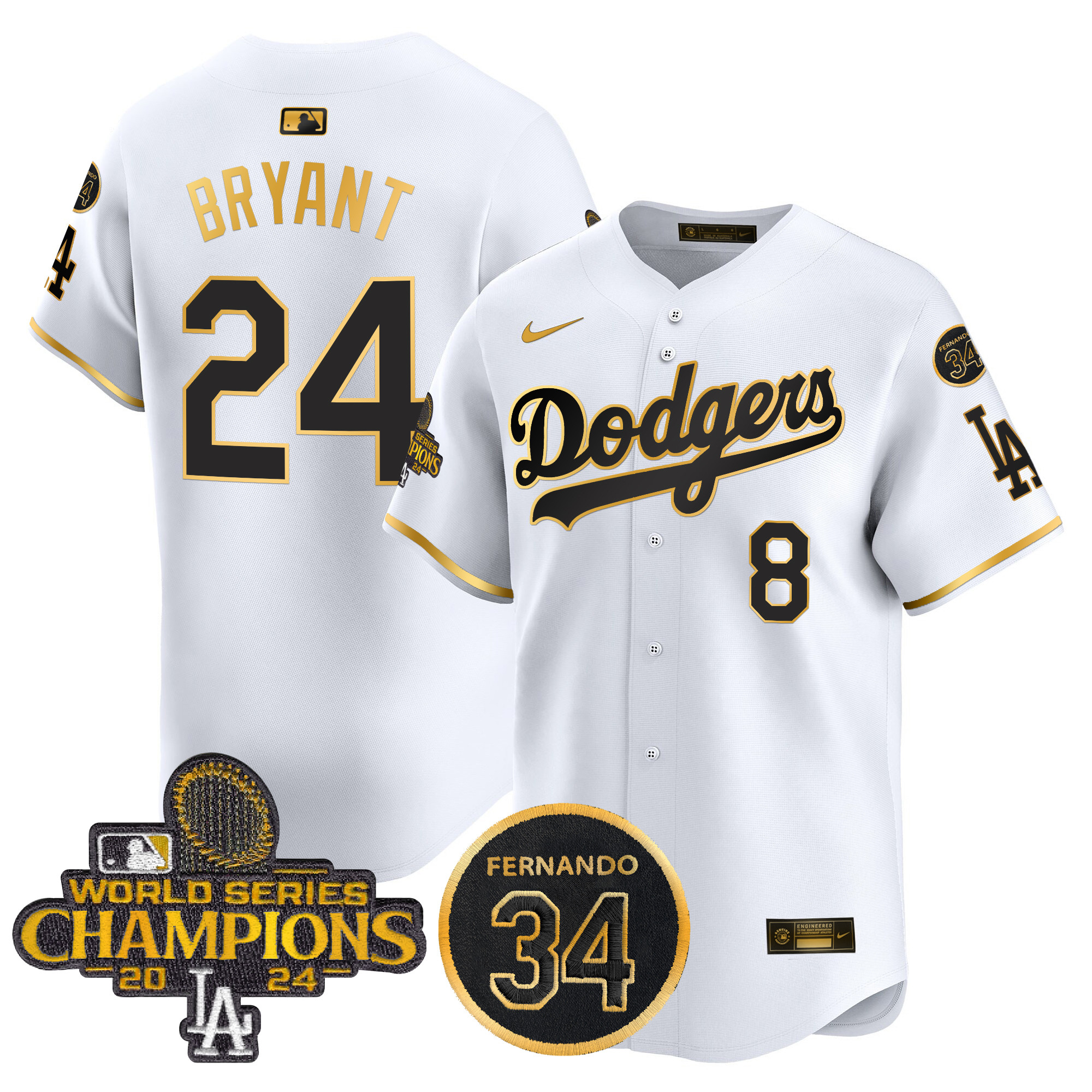 Kobe Bryant Men's Los Angeles Dodgers 2024 World Series Champions Gold Trim Vapor Premier Limited White Gold Jersey V2 - All Stitched