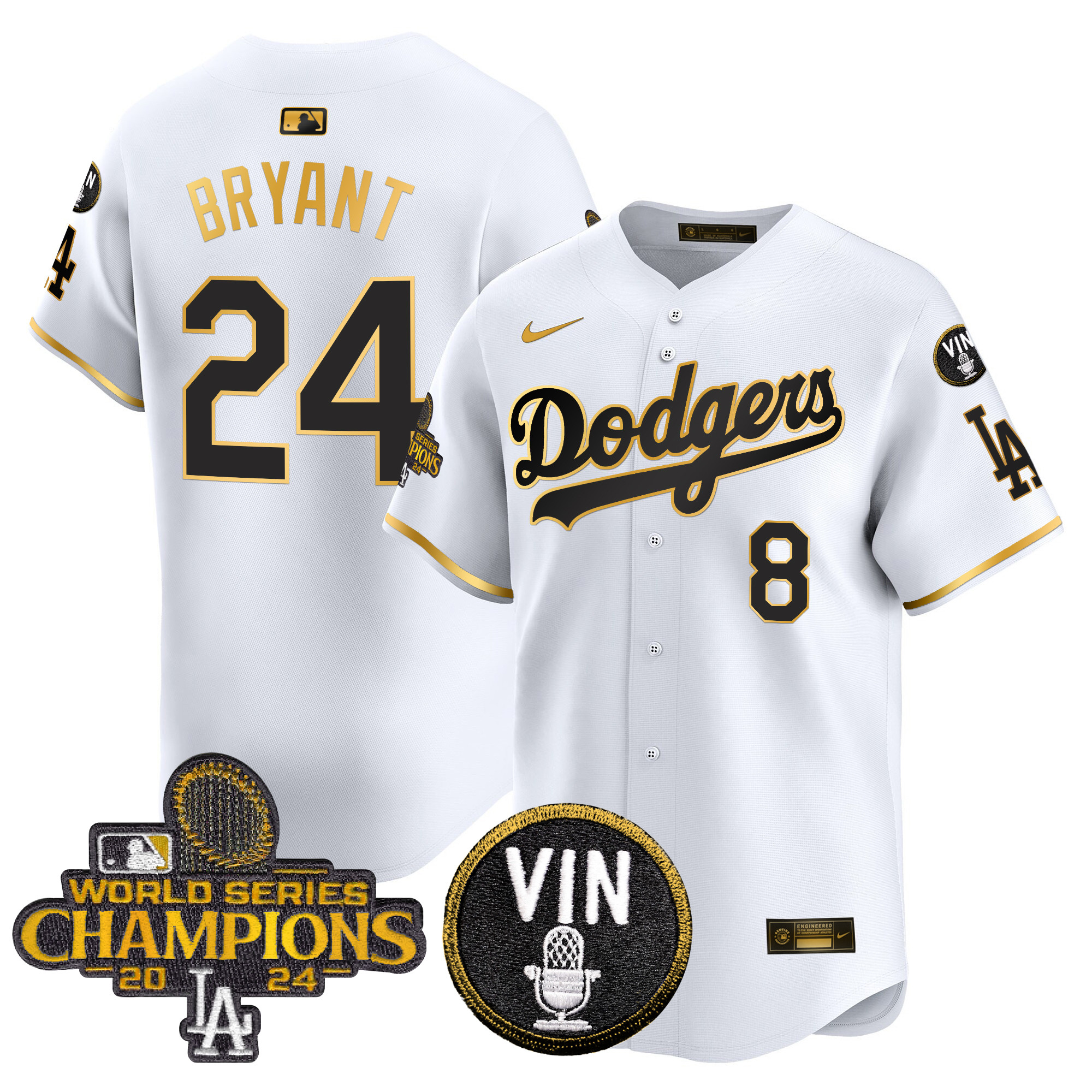 Kobe Bryant Men's Los Angeles Dodgers 2024 World Series Champions Patch Vapor Premier Limited White Gold Jersey V3 - All Stitched