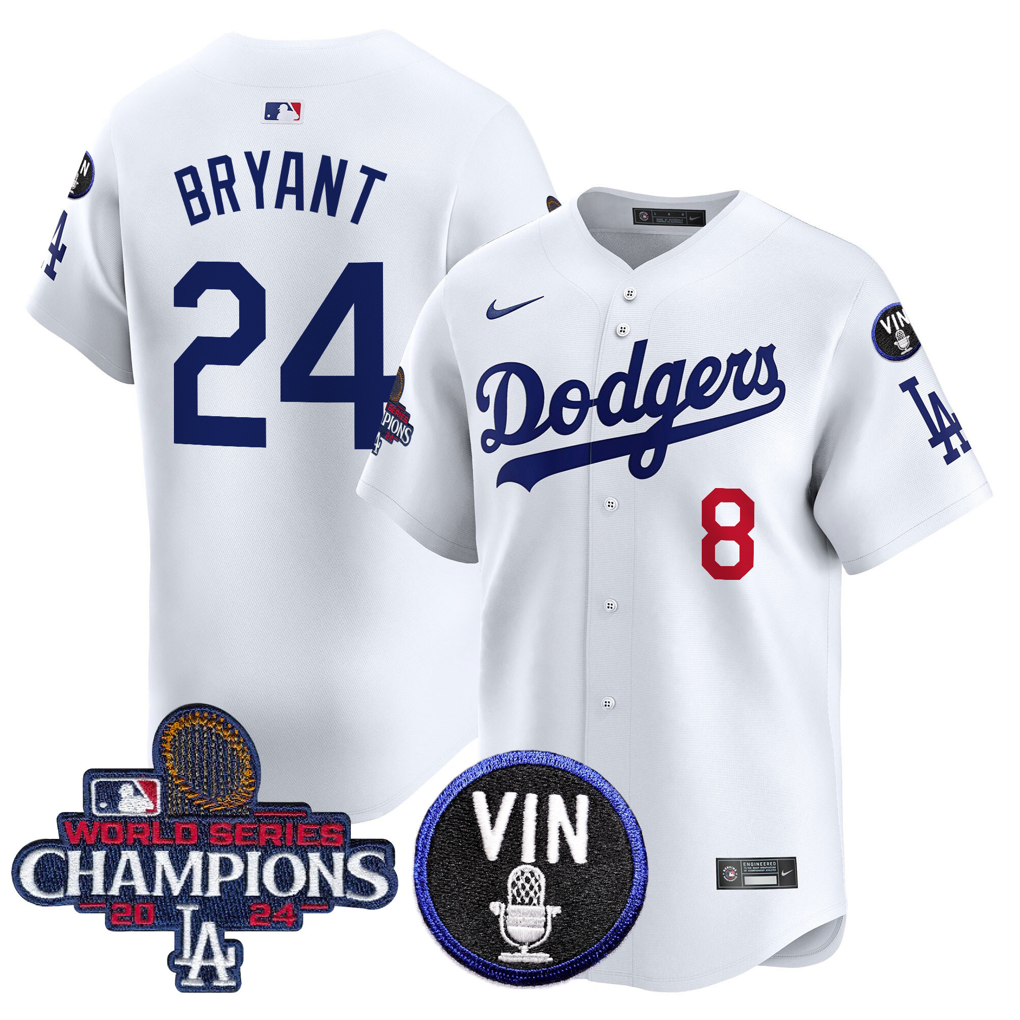 Kobe Bryant Men's Los Angeles Dodgers 2024 World Series Champions Patch Vapor Premier Limited White Jersey V3 - All Stitched