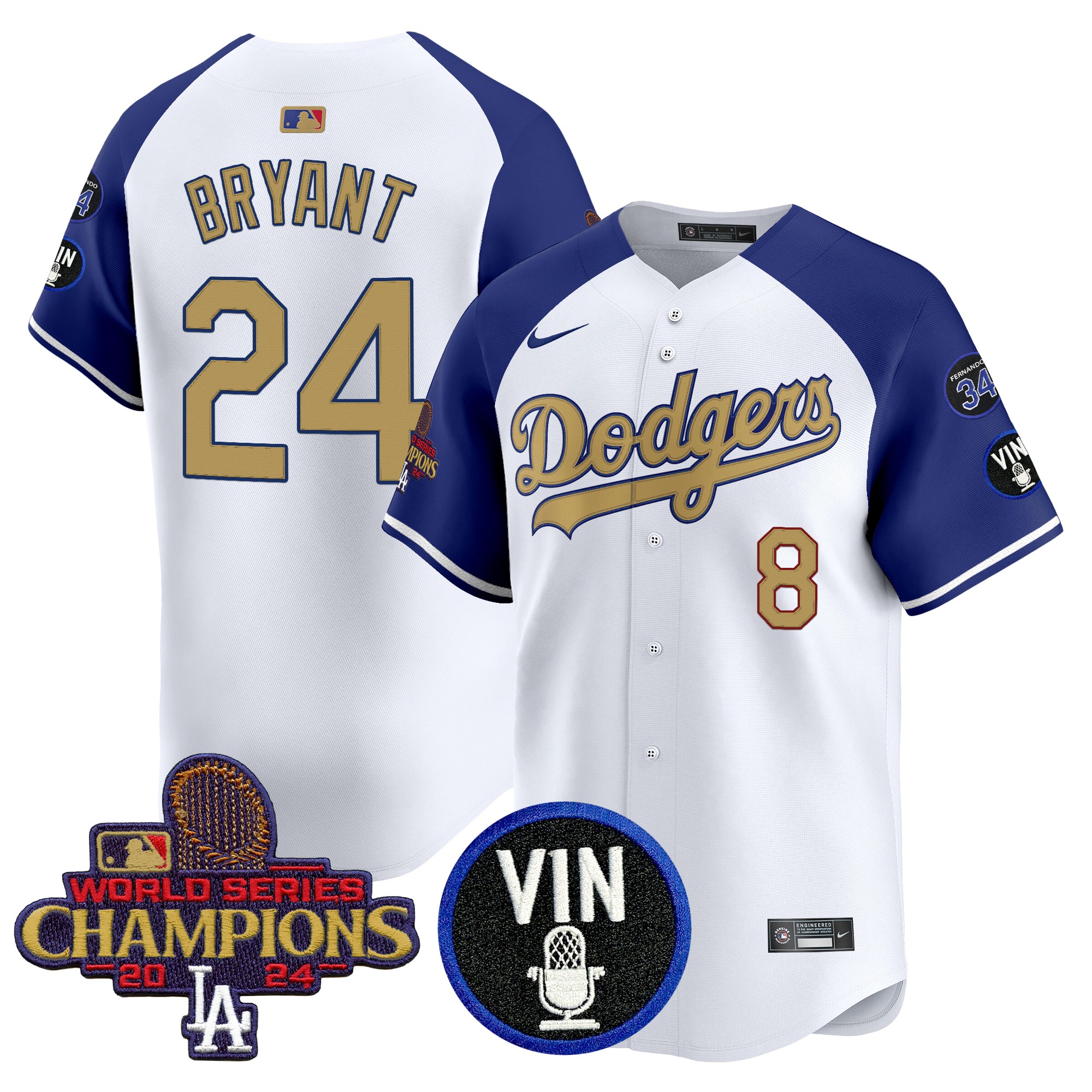 Kobe Bryant Men's Los Angeles Dodgers 2025 Vin Scully & #34 Fernando Patch Gold Vapor Premier Limited Alternate Jersey - All Stitched