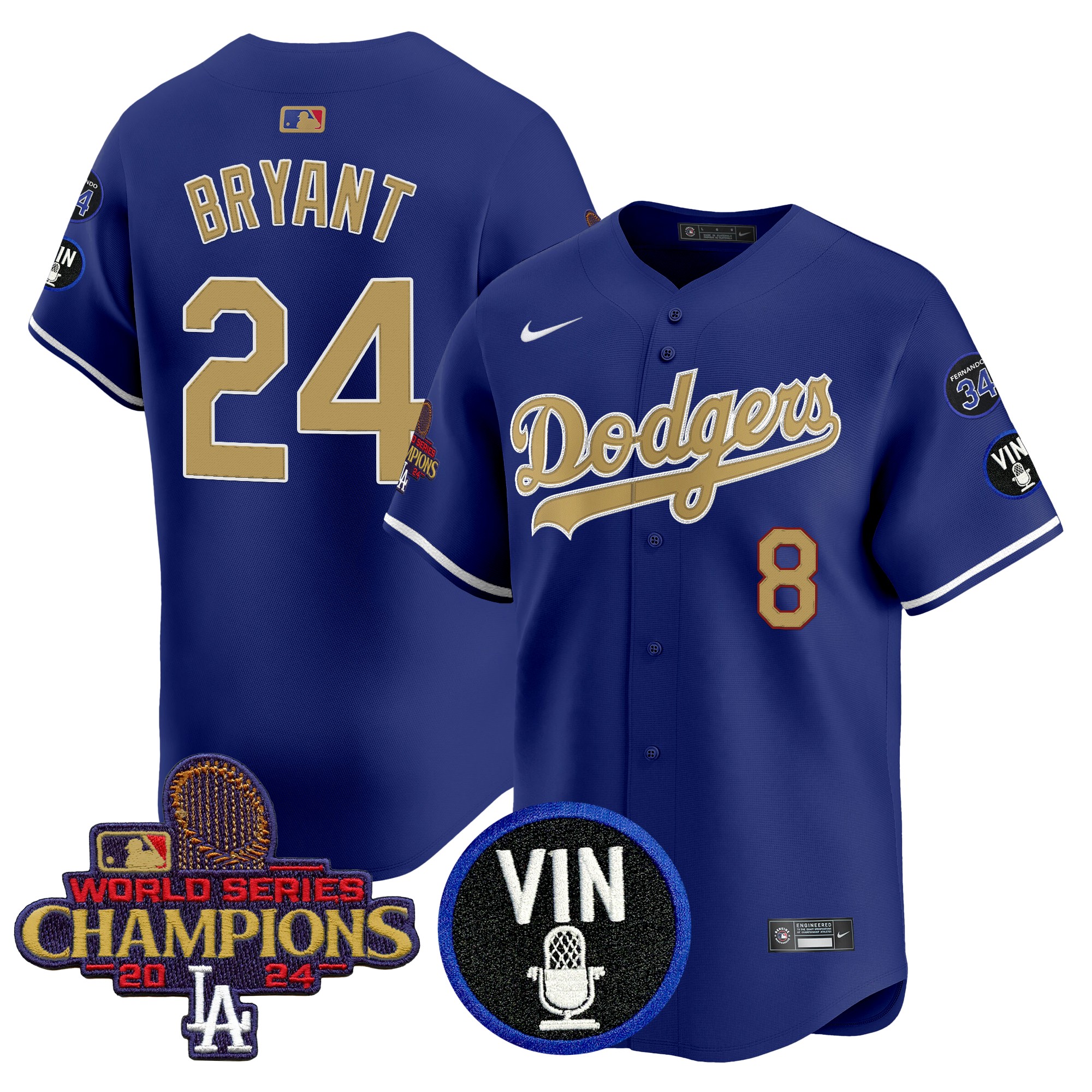 Kobe Bryant Men's Los Angeles Dodgers 2025 Vin Scully & #34 Fernando Patch Gold Vapor Premier Limited Royal Jersey - All Stitched