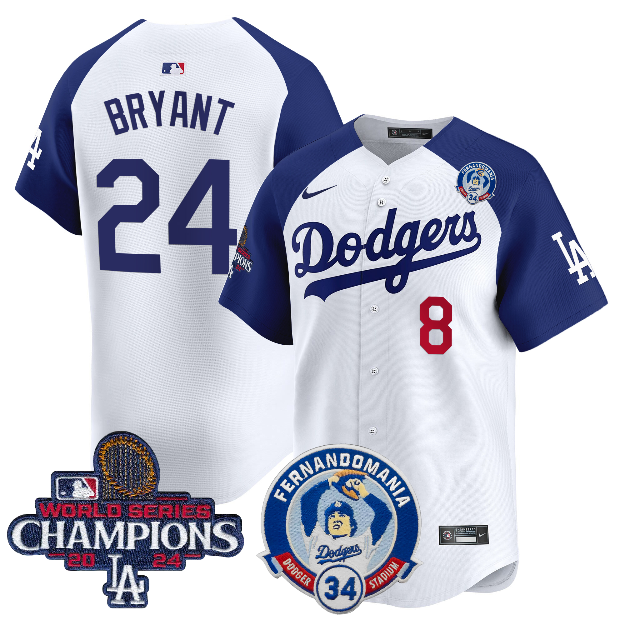 Kobe Bryant Men's Los Angeles Dodgers Fernando & 2024 World Series Champions Patch Vapor Premier Limited Alternate White Jersey V2 - All Stitched