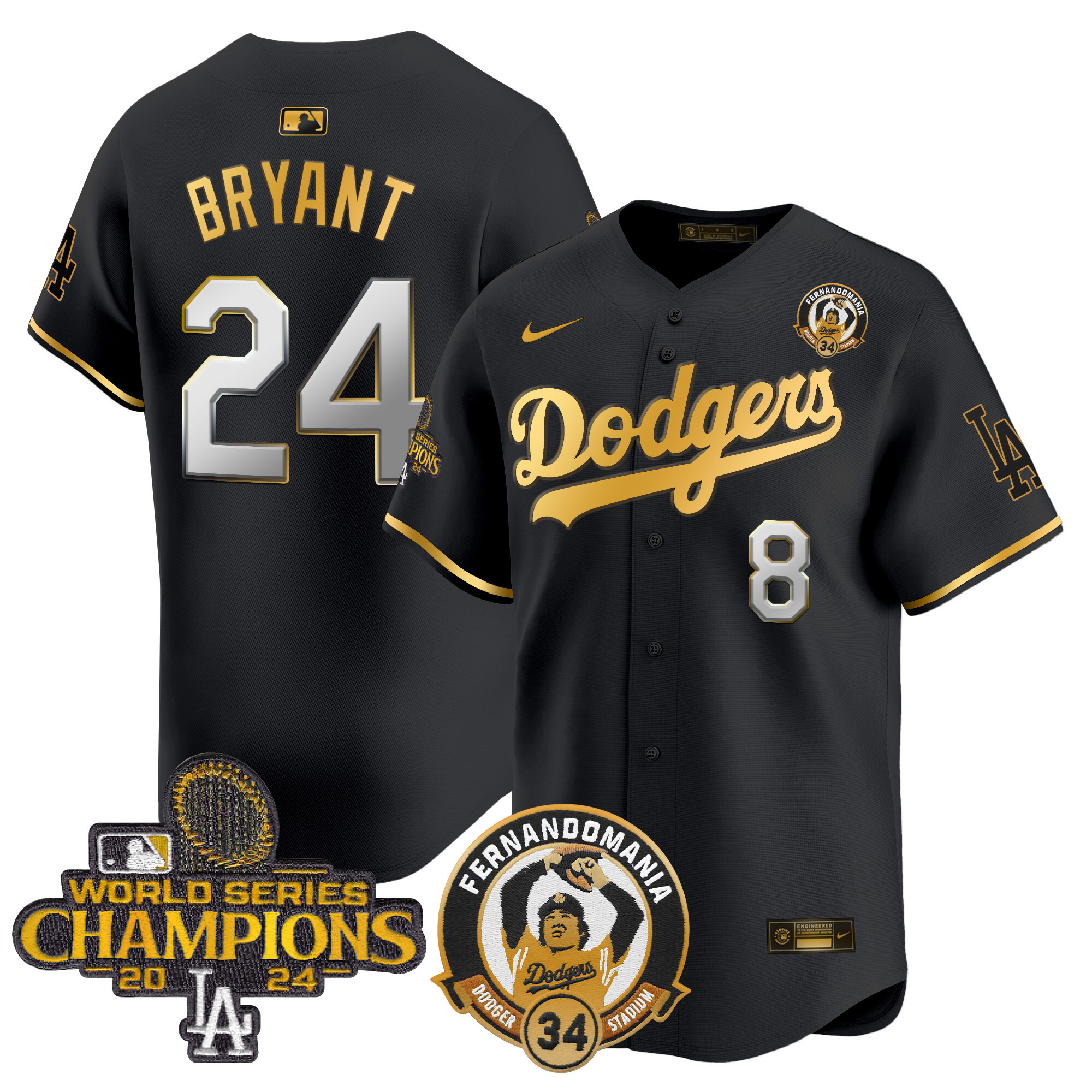 Kobe Bryant Men's Los Angeles Dodgers Fernando & 2024 World Series Champions Patch Vapor Premier Limited Black Gold Jersey - All Stitched