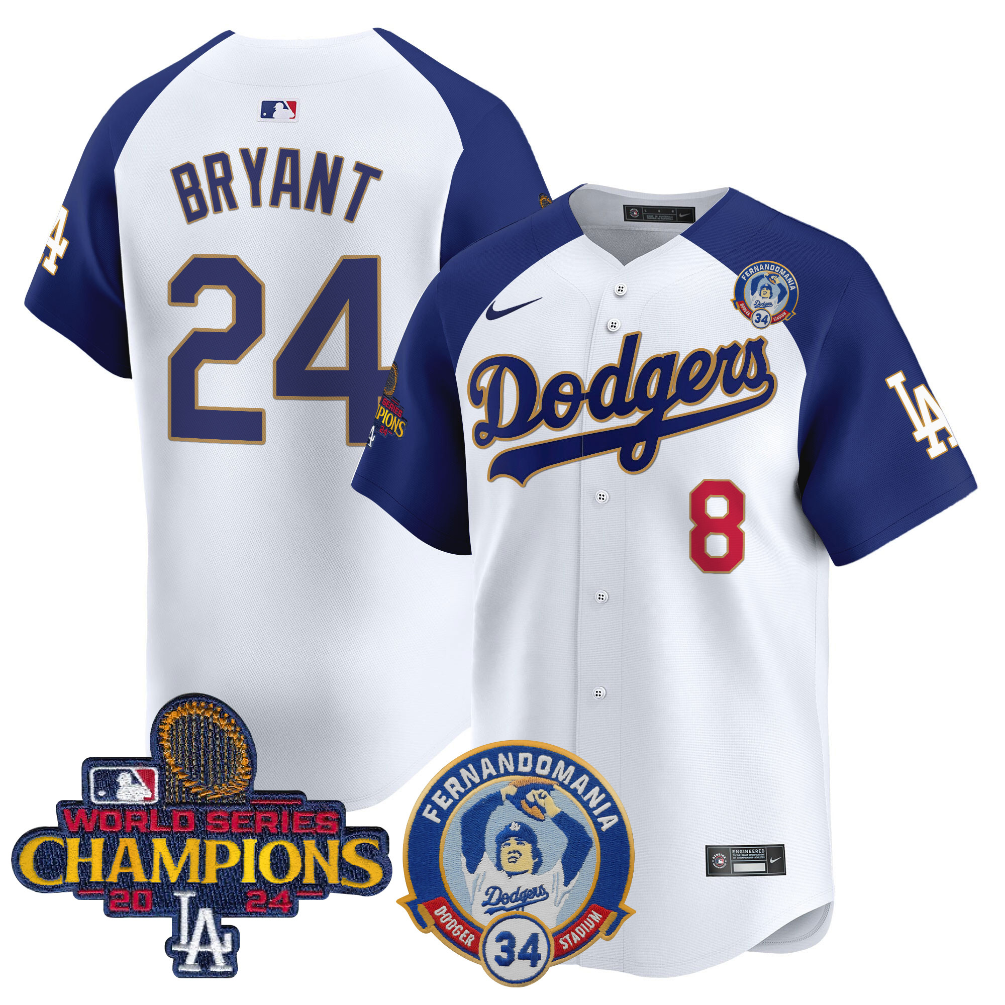 Kobe Bryant Men's Los Angeles Dodgers Fernando & 2024 World Series Champions Patch Vapor Premier Limited White Alternate Jersey - All Stitched