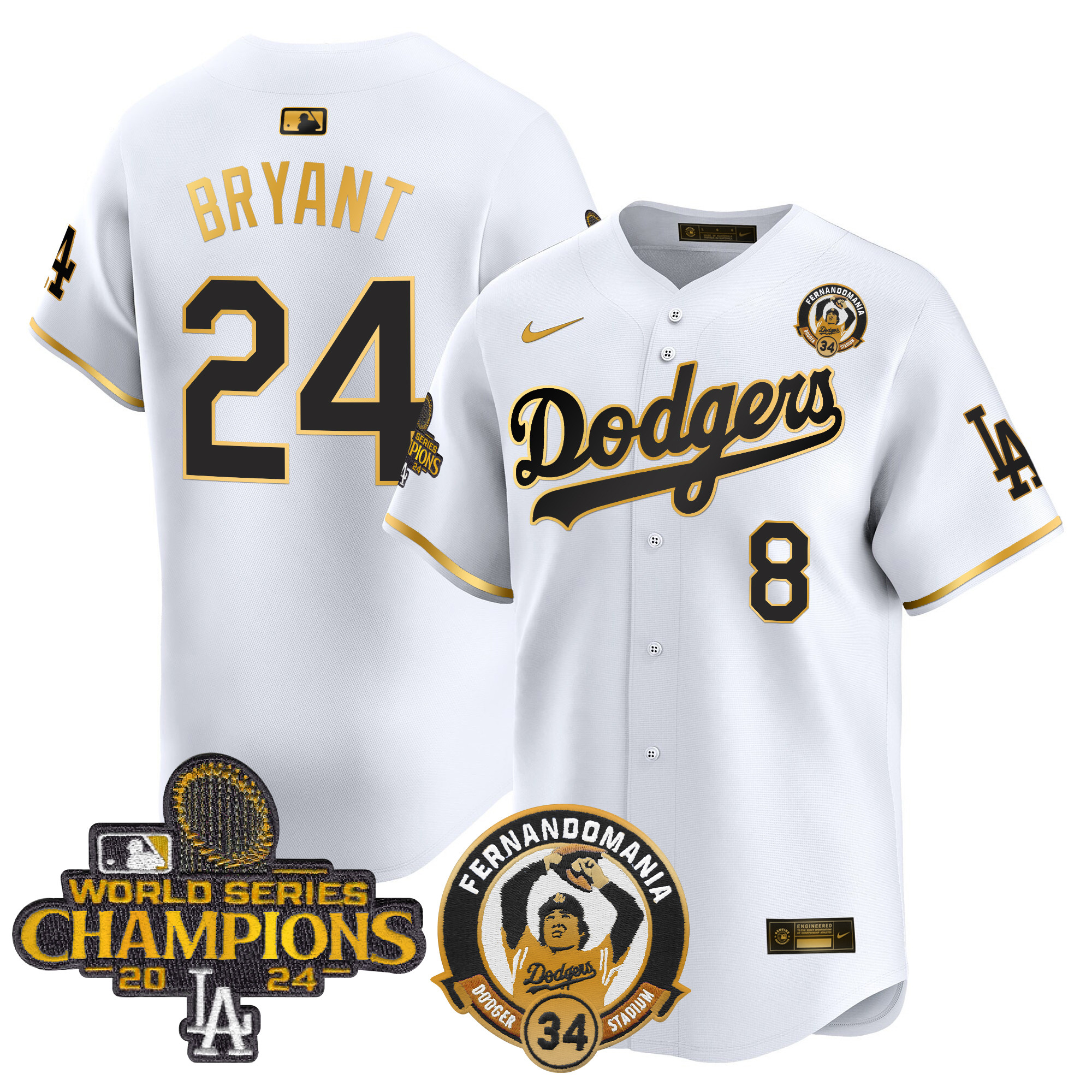Kobe Bryant Men's Los Angeles Dodgers Fernando & 2024 World Series Champions Patch Vapor Premier Limited White Gold Jersey - All Stitched
