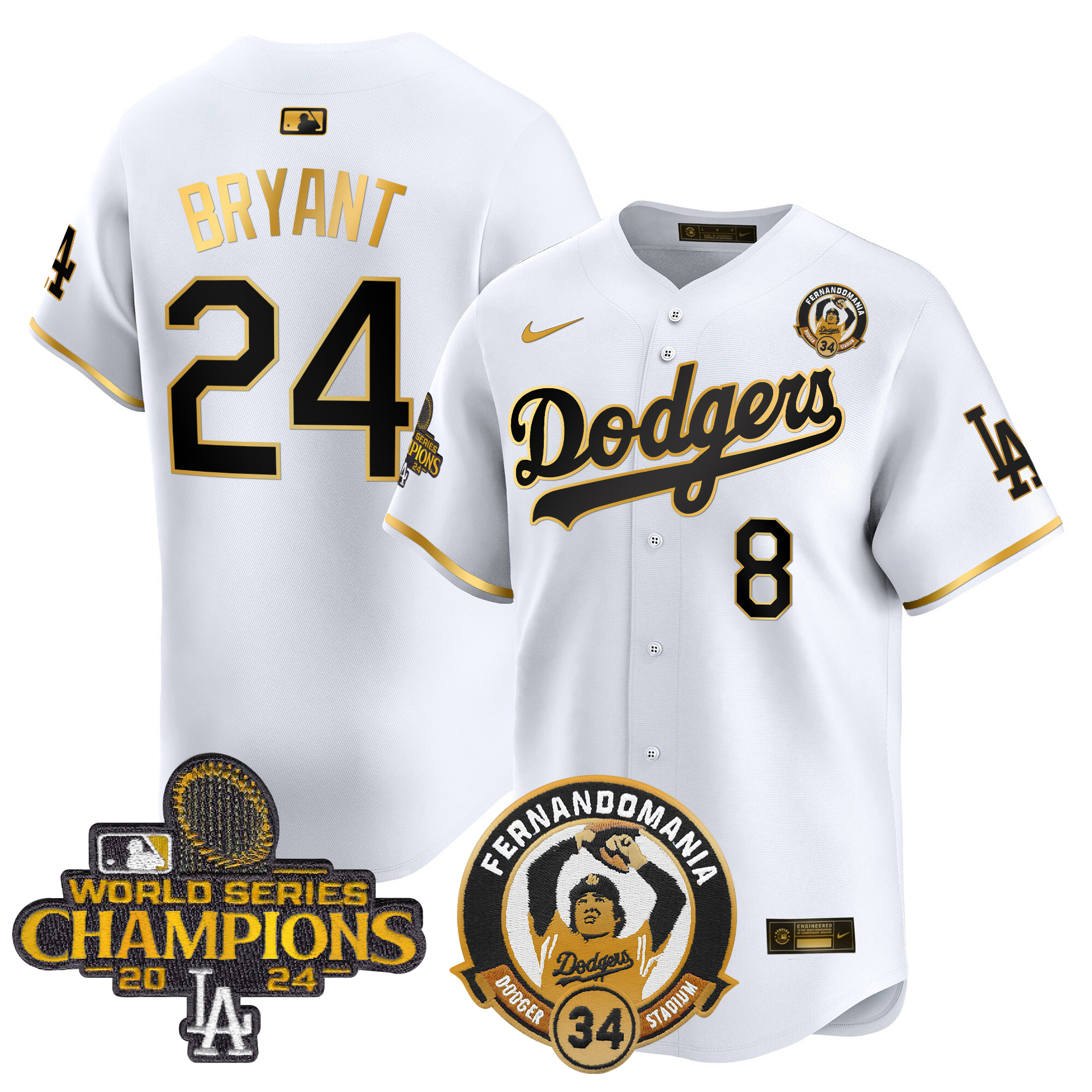 Kobe Bryant Men's Los Angeles Dodgers Fernando & 2024 World Series Champions Patch Vapor Premier Limited White Gold Jersey V2 - All Stitched