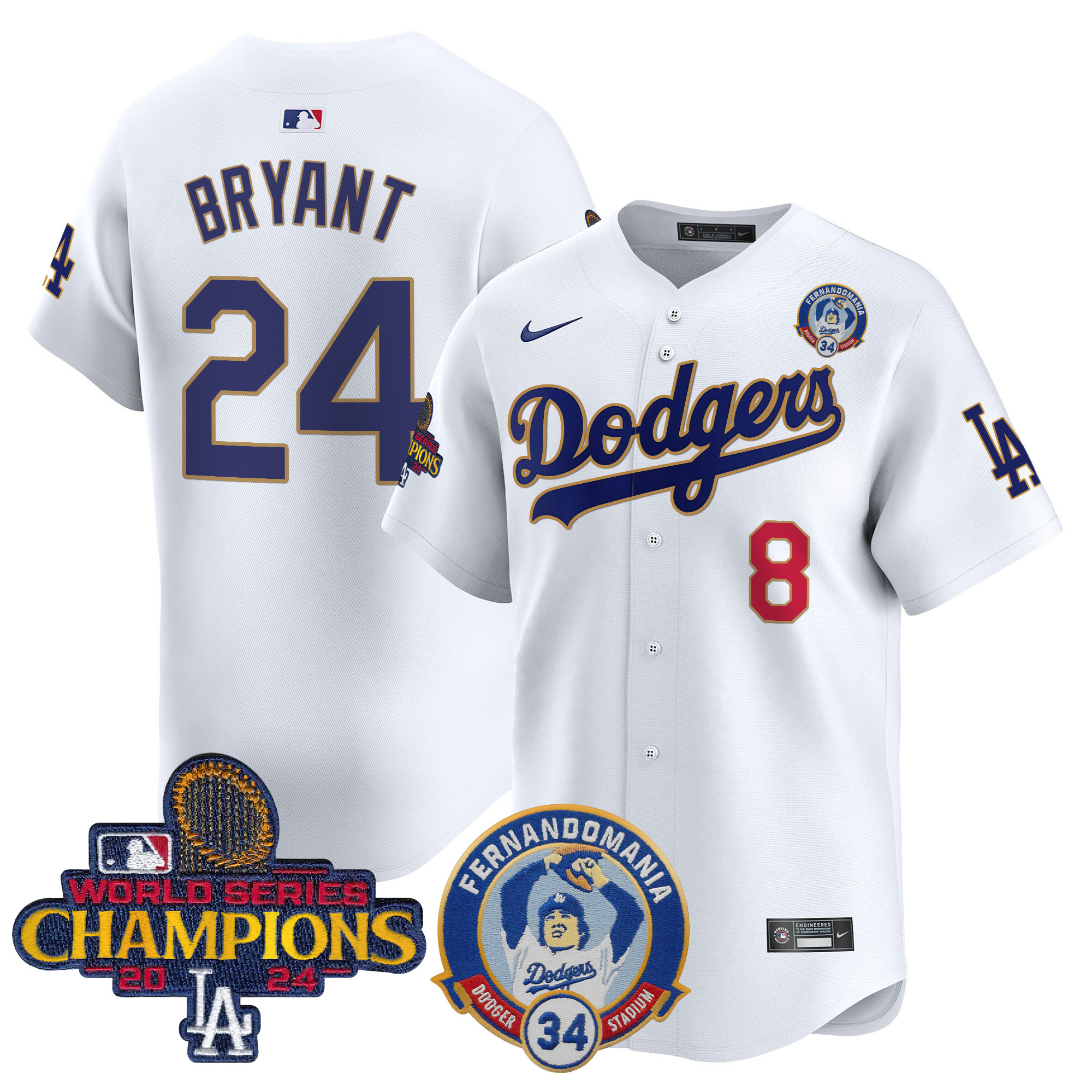 Kobe Bryant Men's Los Angeles Dodgers Fernando & 2024 World Series Champions Patch Vapor Premier Limited White Jersey - All Stitched