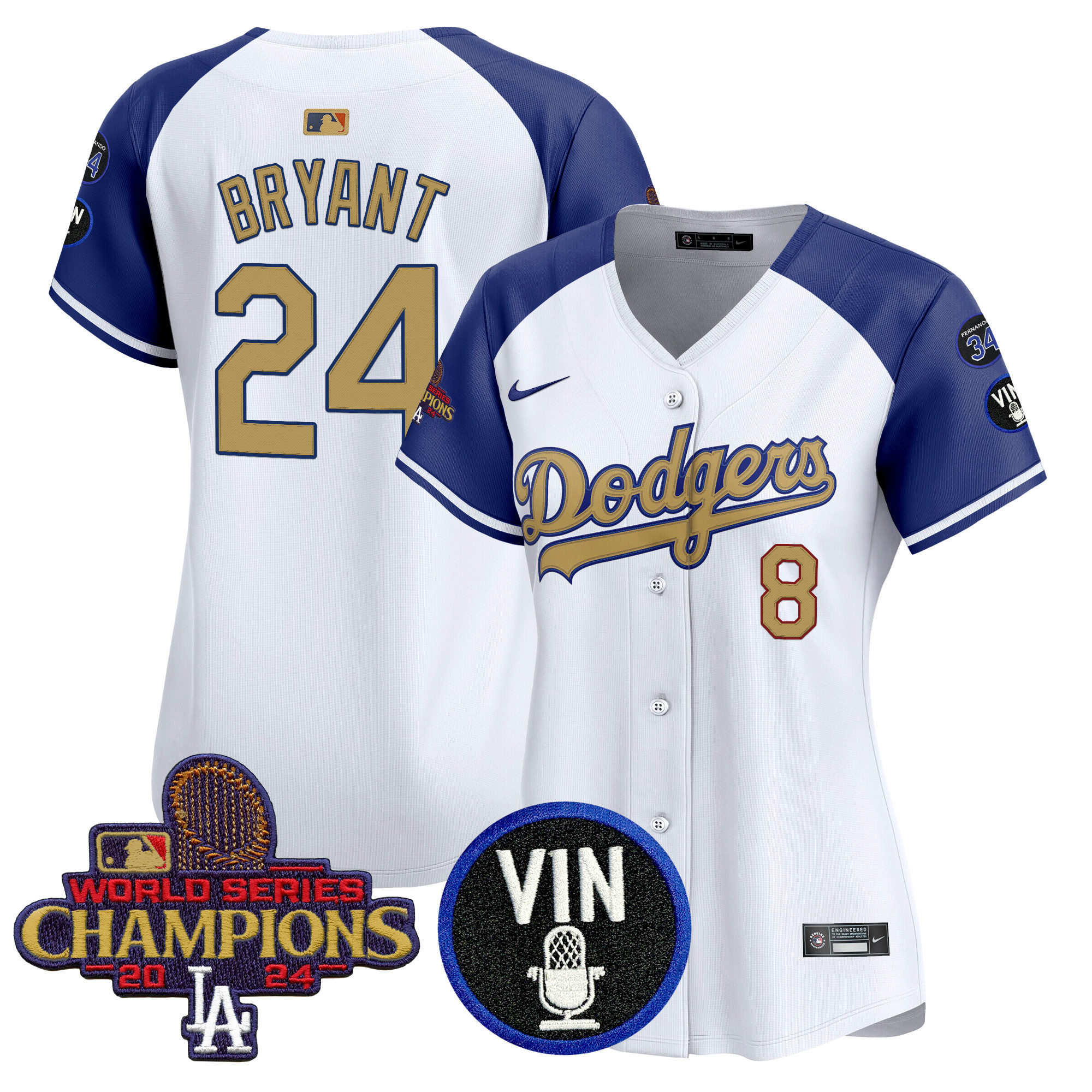 Kobe Bryant Women's Los Angeles Dodgers 2025 Vin Scully & #34 Fernando Patch Gold Vapor Premier Limited Alternate Jersey - All Stitched