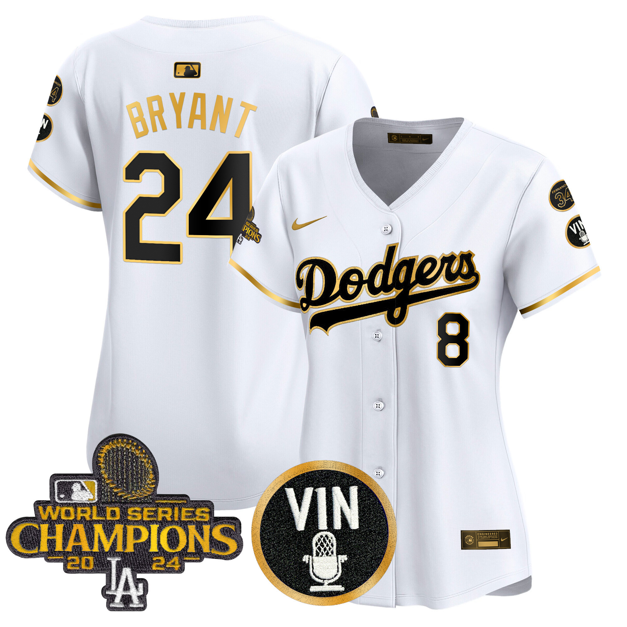 Kobe Bryant Women's Los Angeles Dodgers 2025 Vin Scully & #34 Fernando Patch Gold Vapor Premier Limited White Gold Jersey - All Stitched