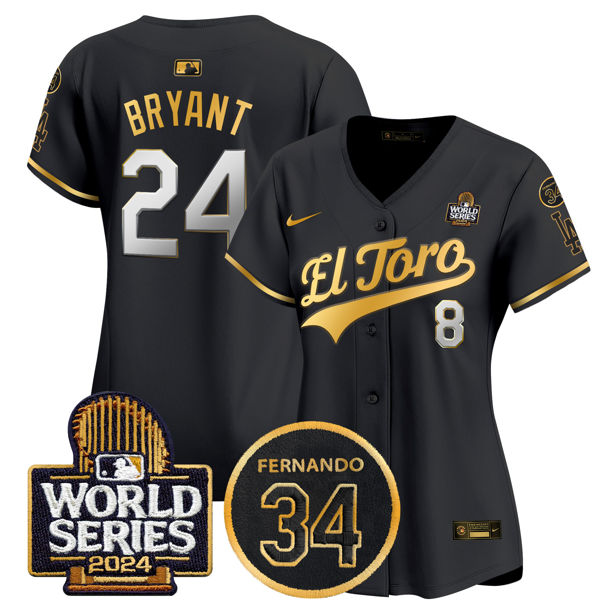 Kobe Bryant Women's Los Angeles Dodgers El Toro 2024 World Series Patch Vapor Premier Limited Black Gold Jersey - All Stitched