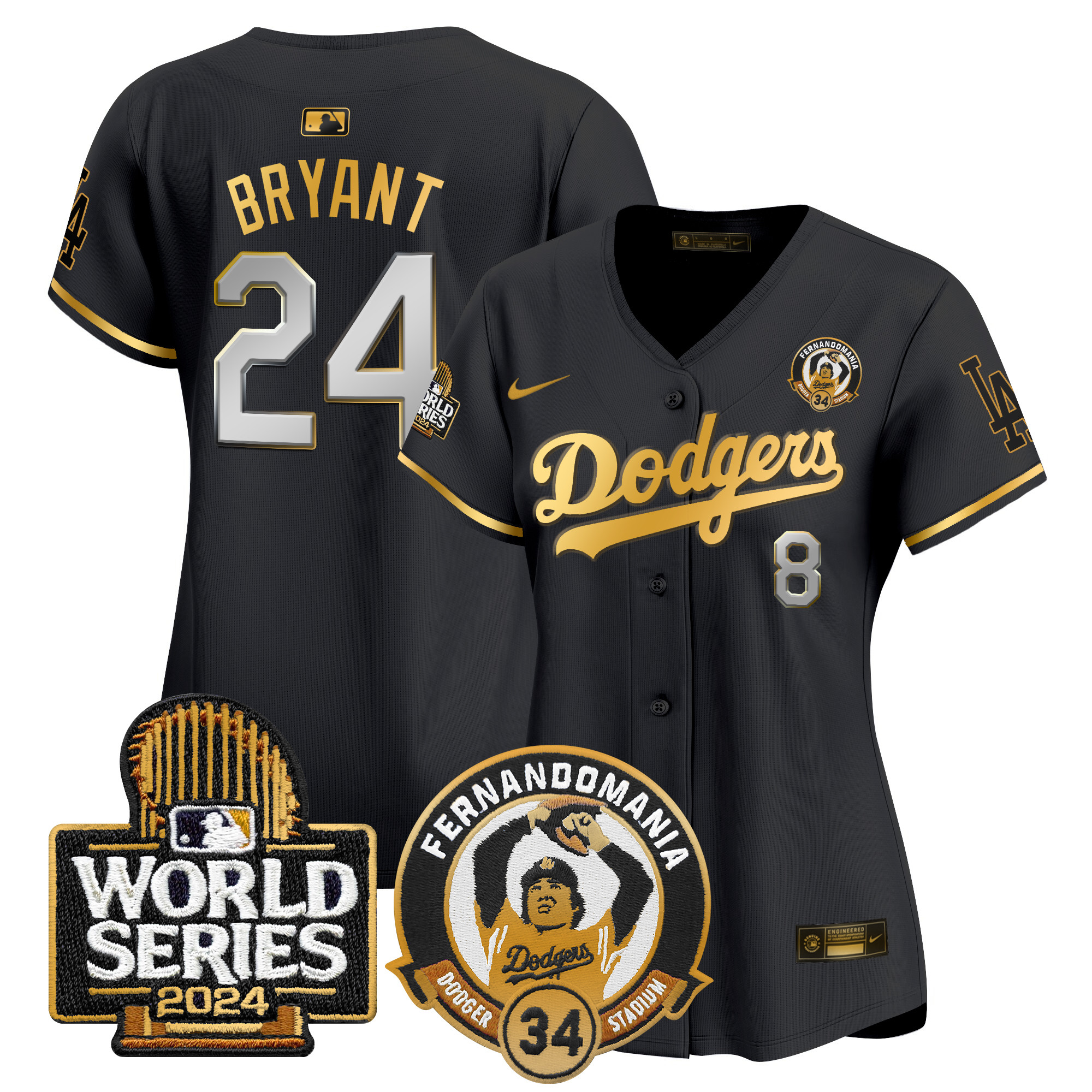 Kobe Bryant Women's Los Angeles Dodgers Fernando Valenzuela & 2024 World Series Patch Vapor Premier Limited Black Gold Jersey - All Stitched