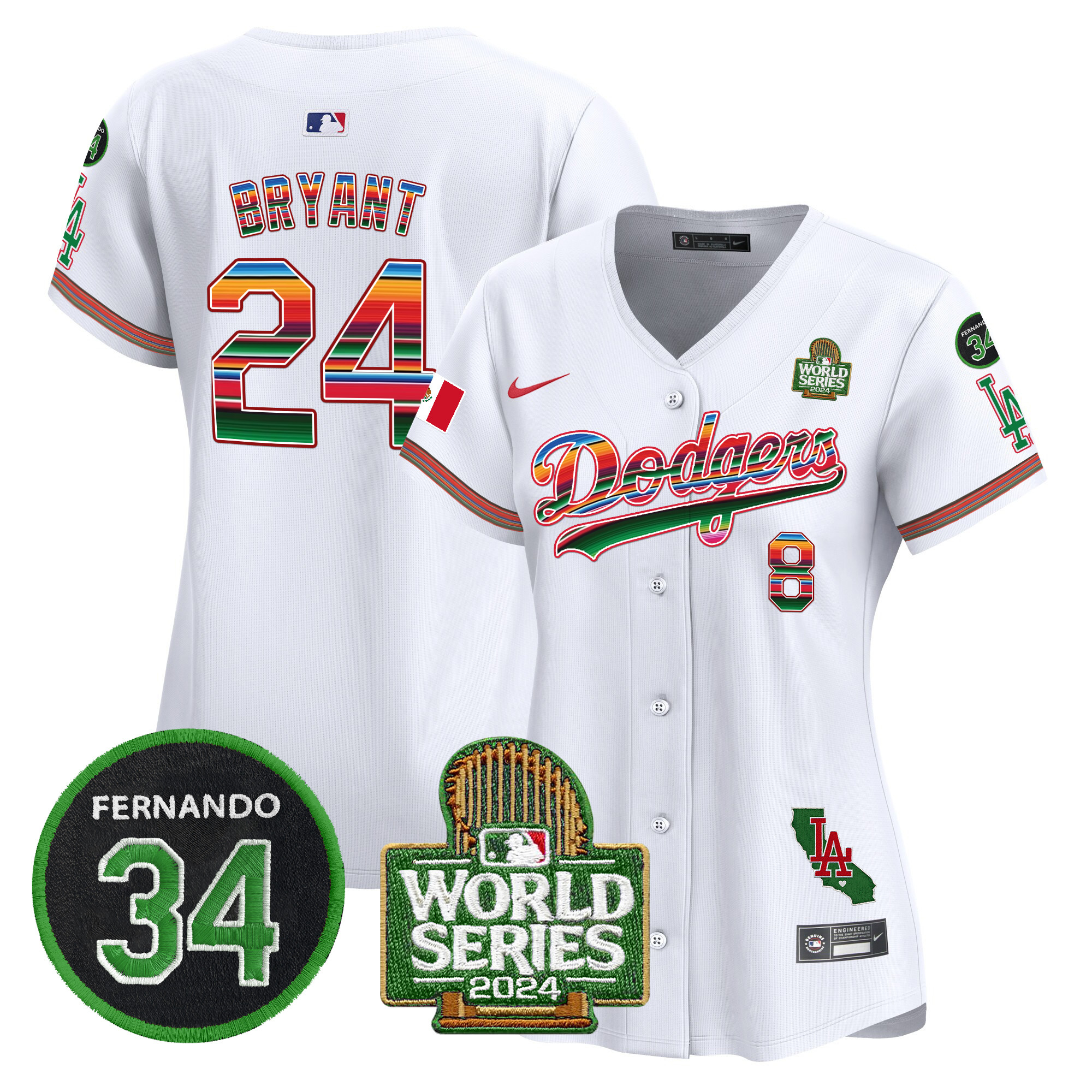 Kobe Bryant Women's Los Angeles Dodgers Mexico Fernando Memorial & 2024 World Series Patch Vapor Premier Limited White Jersey V2 - All Stitched