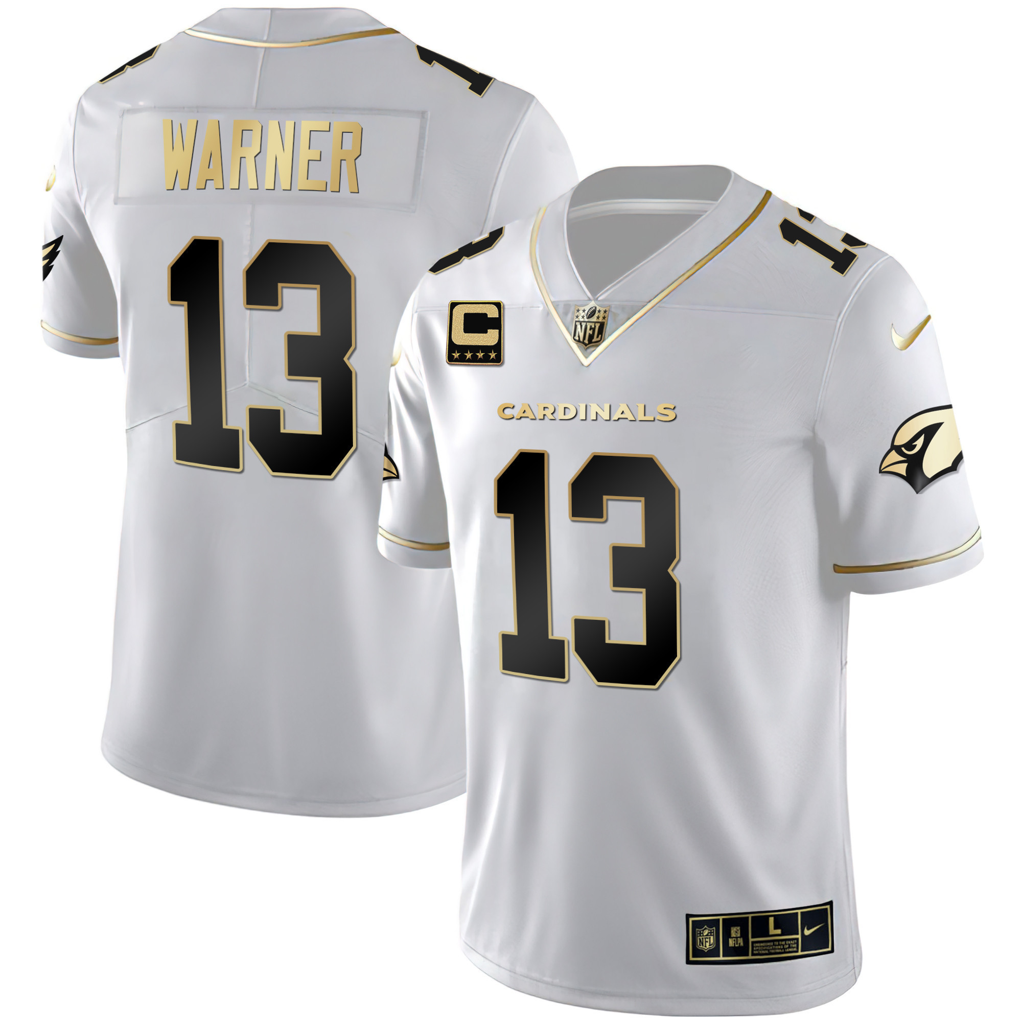 Kurt Warner Men's Arizona Cardinals Black Gold & White Gold Vapor Limited White Gold Jersey - All Stitched