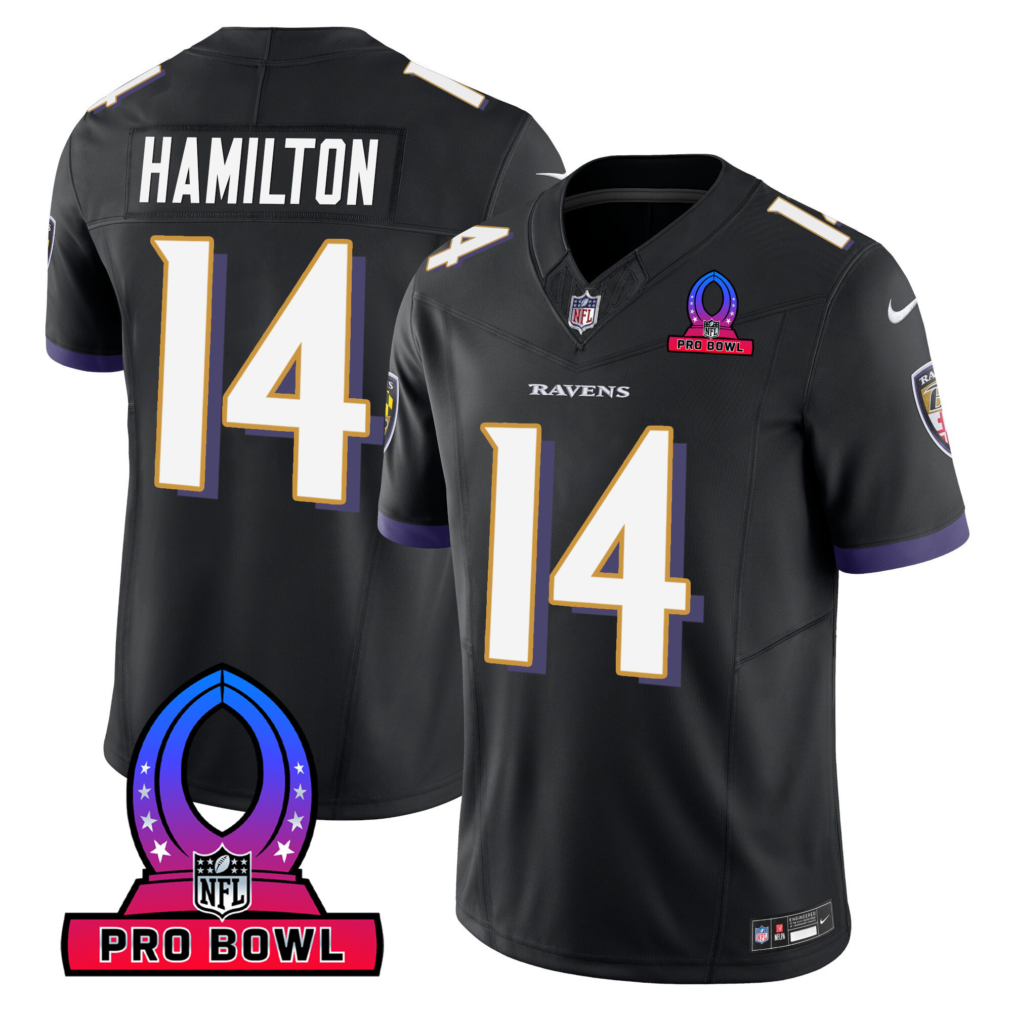 Kyle Hamilton Men's Baltimore Ravens 2024 Pro Bowl Patch Vapor Black Jersey - All Stitched