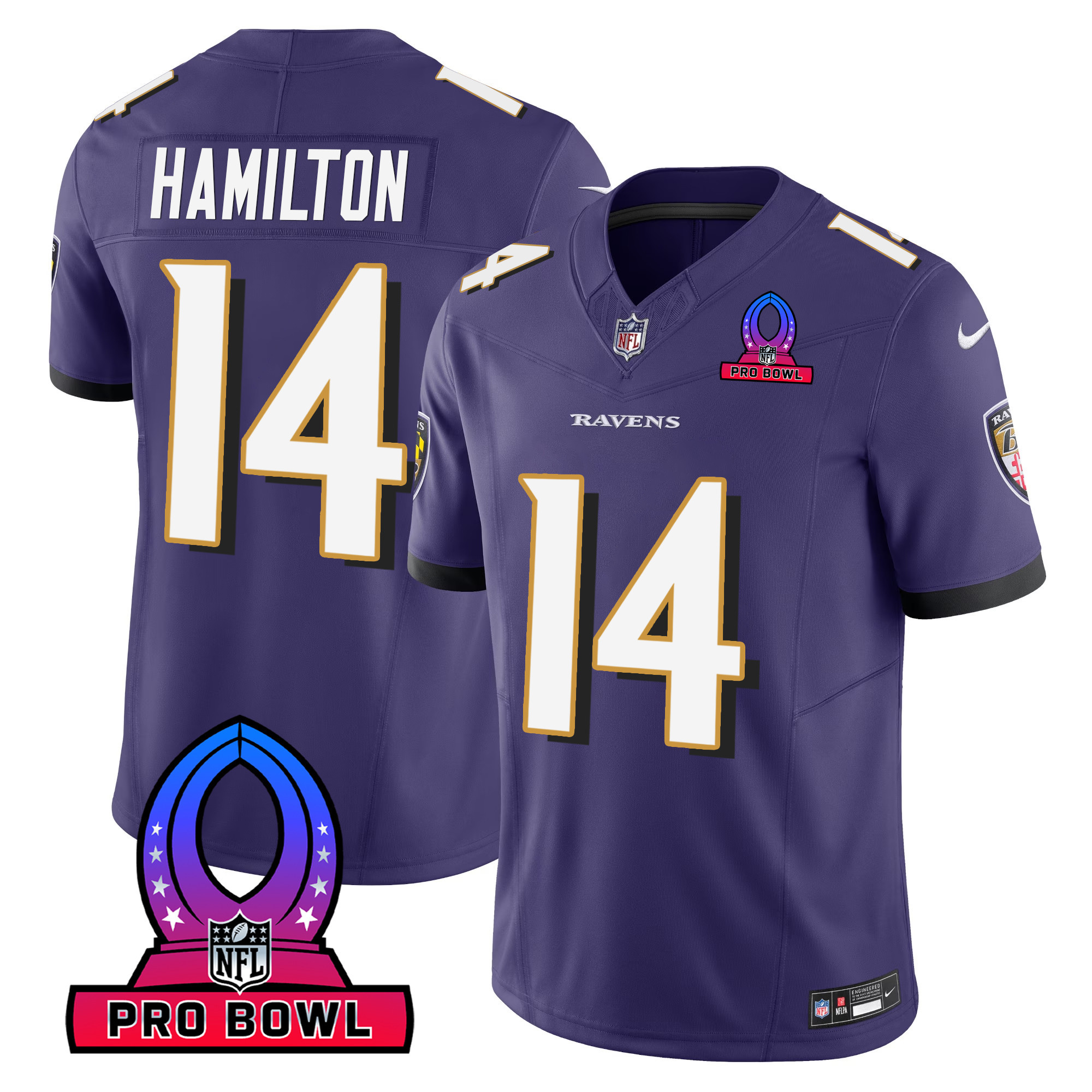 Kyle Hamilton Men's Baltimore Ravens 2024 Pro Bowl Patch Vapor Purple Jersey - All Stitched