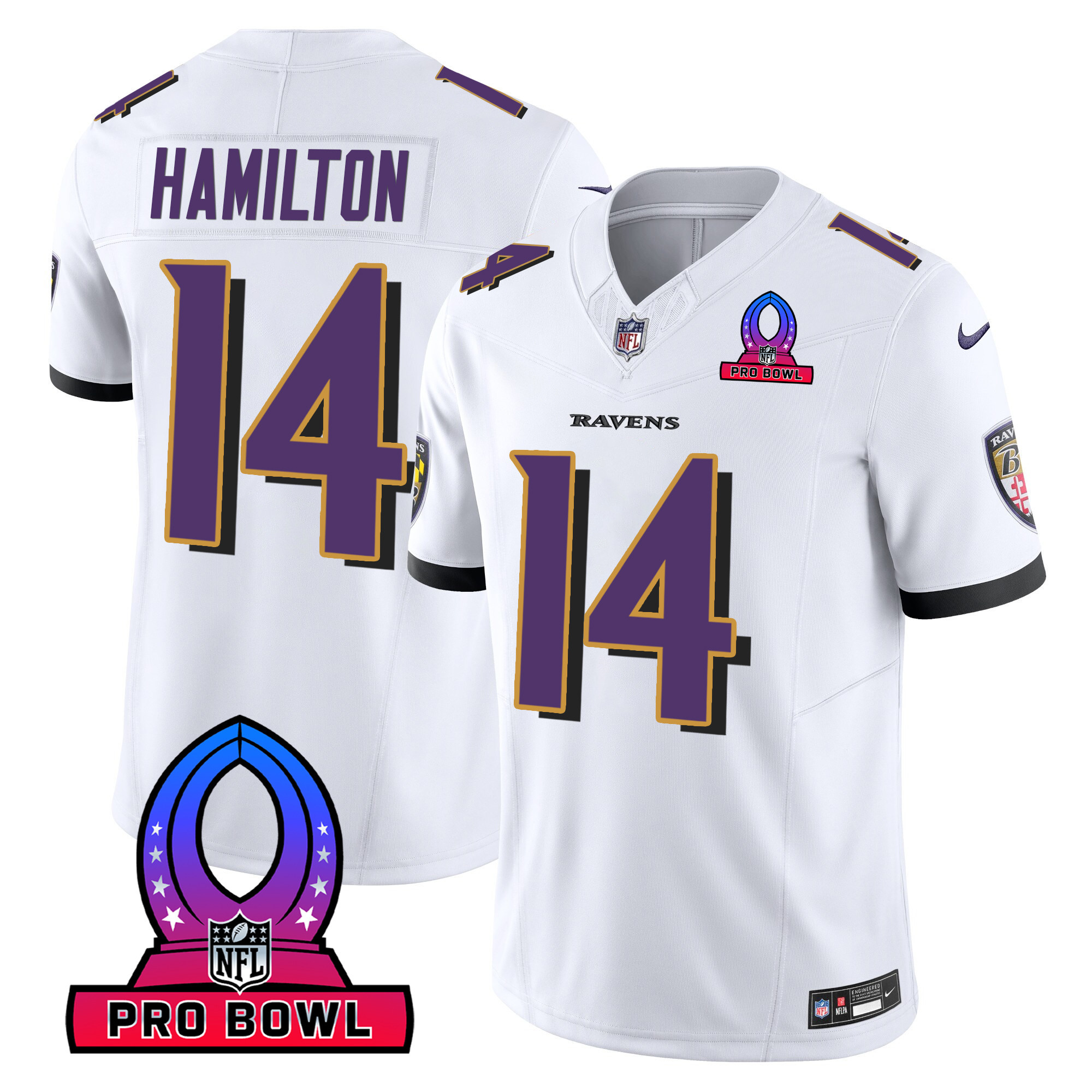 Kyle Hamilton Men's Baltimore Ravens 2024 Pro Bowl Patch Vapor White Jersey - All Stitched
