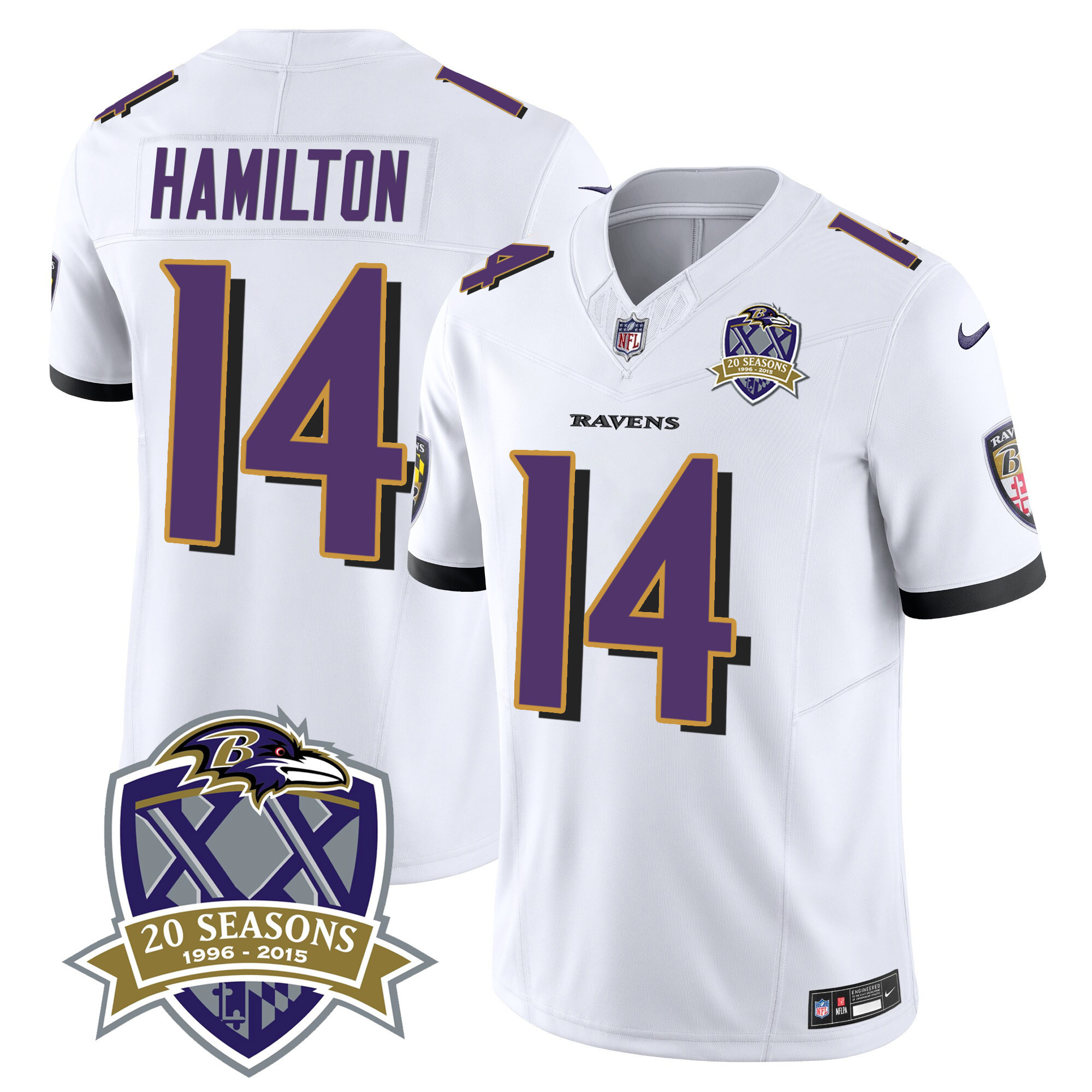 Kyle Hamilton Men's Baltimore Ravens 20th Season Patch Vapor Limited White Jersey - All Stitched