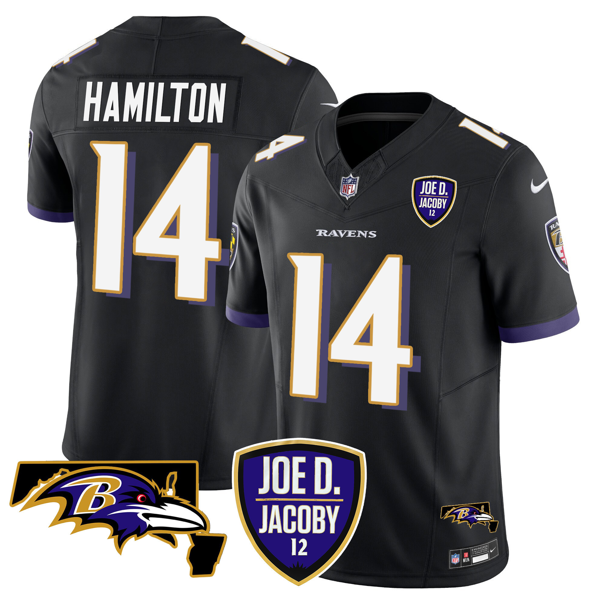 Kyle Hamilton Men's Baltimore Ravens Joe D & Jacoby Patch Vapor Limited Black Jersey - All Stitched