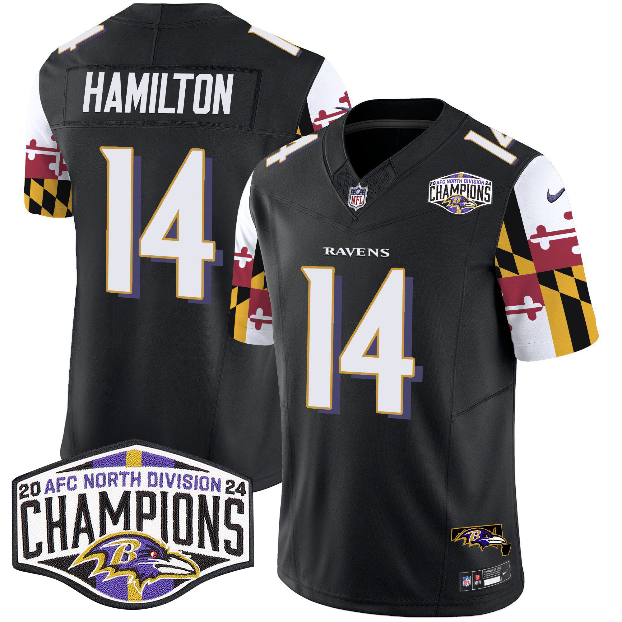 Kyle Hamilton Men's Baltimore Ravens Maryland Flag 2024 AFC North Division Champions Patch Vapor Limited Black Jersey - All Stitched