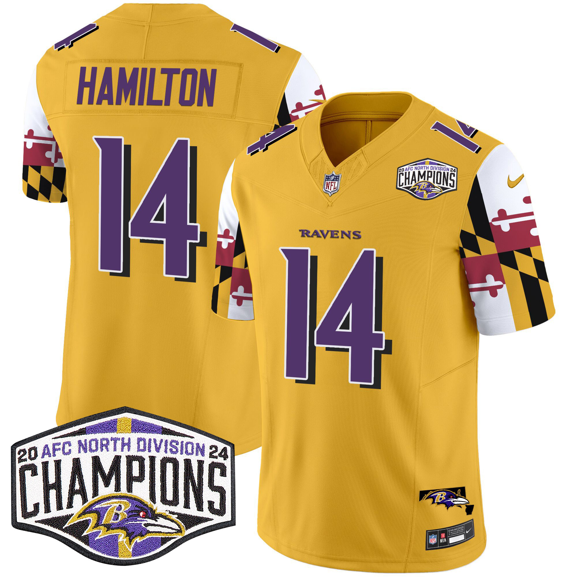 Kyle Hamilton Men's Baltimore Ravens Maryland Flag 2024 AFC North Division Champions Patch Vapor Limited Gold Jersey - All Stitched