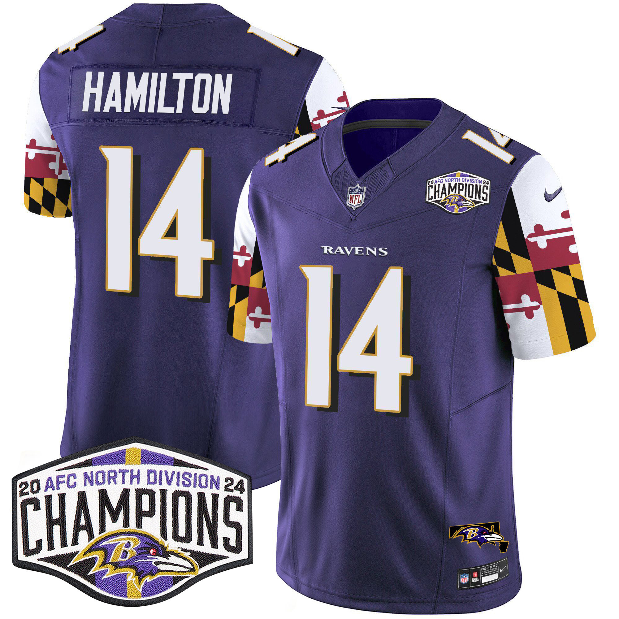 Kyle Hamilton Men's Baltimore Ravens Maryland Flag 2024 AFC North Division Champions Patch Vapor Limited Purple Jersey - All Stitched