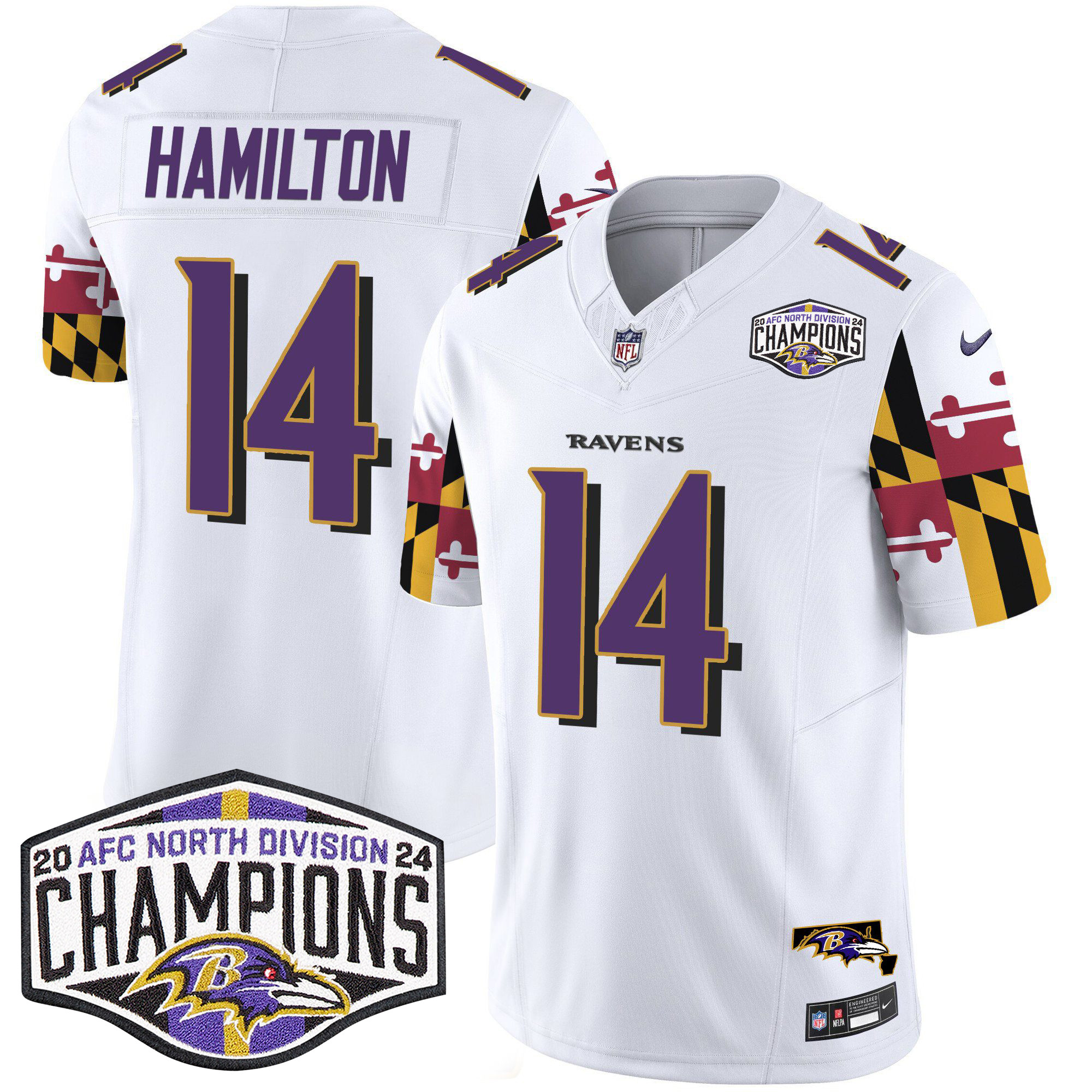 Kyle Hamilton Men's Baltimore Ravens Maryland Flag 2024 AFC North Division Champions Patch Vapor Limited White Jersey - All Stitched