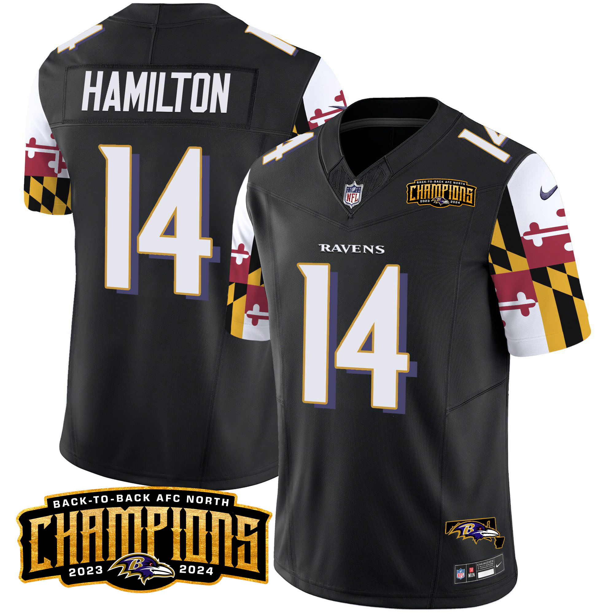 Kyle Hamilton Men's Baltimore Ravens Maryland Flag Back To Back AFC North Champions Patch Vapor Limited Black Jersey - All Stitched
