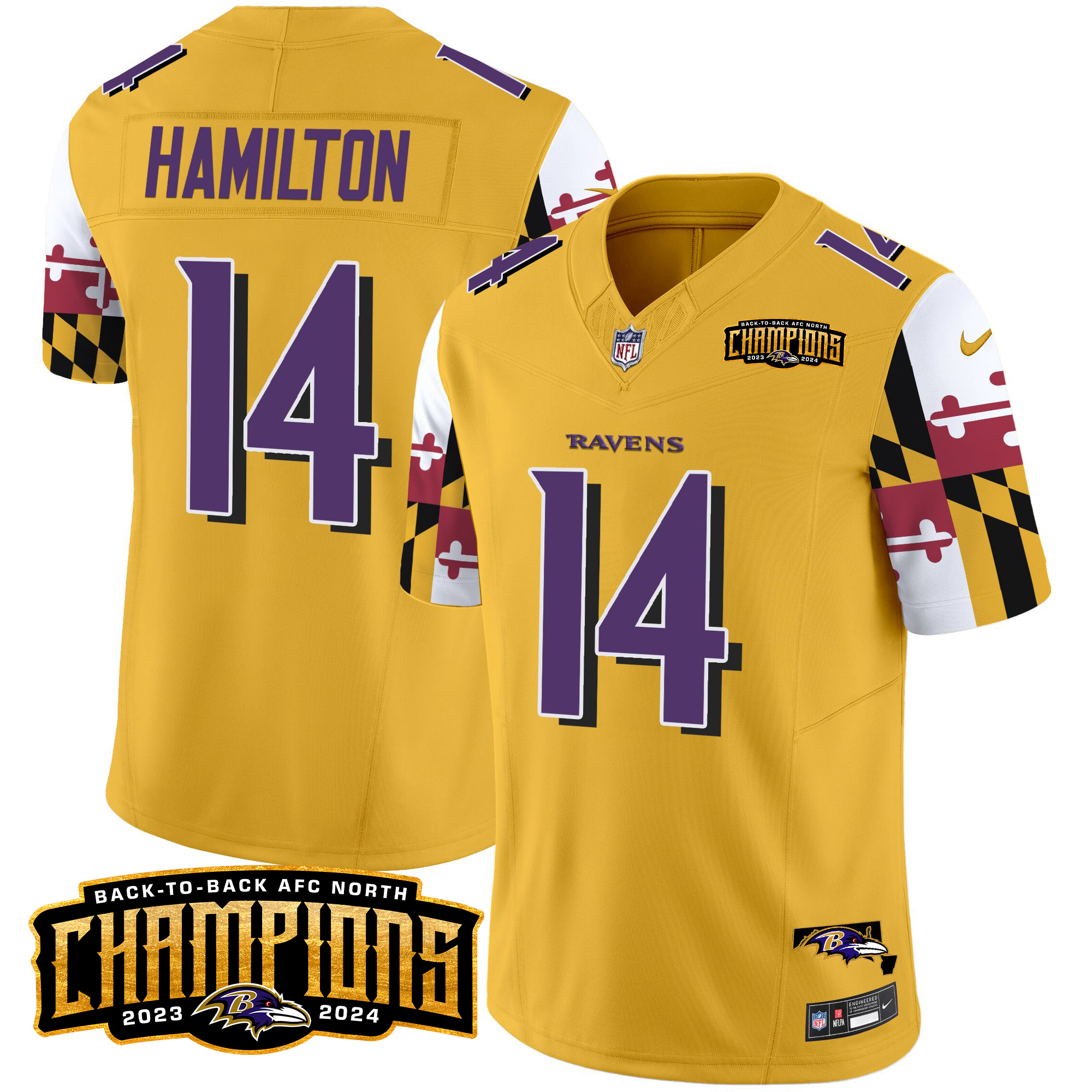 Kyle Hamilton Men's Baltimore Ravens Maryland Flag Back To Back AFC North Champions Patch Vapor Limited Gold Jersey - All Stitched