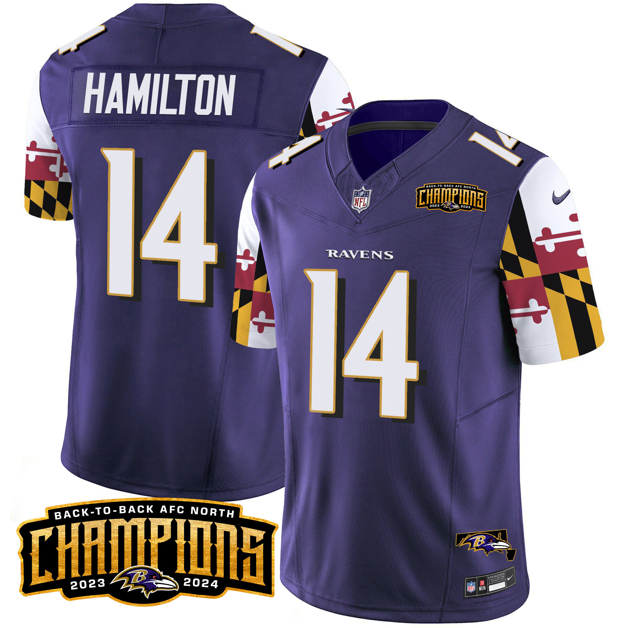Kyle Hamilton Men's Baltimore Ravens Maryland Flag Back To Back AFC North Champions Patch Vapor Limited Purple Jersey - All Stitched