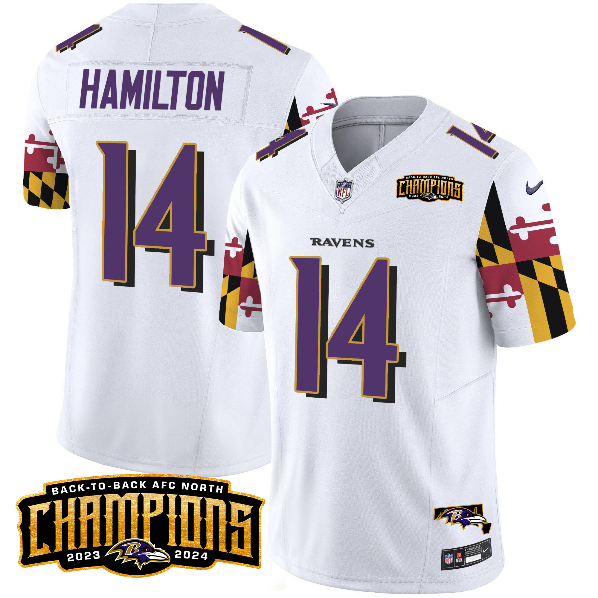 Kyle Hamilton Men's Baltimore Ravens Maryland Flag Back To Back AFC North Champions Patch Vapor Limited White Jersey - All Stitched