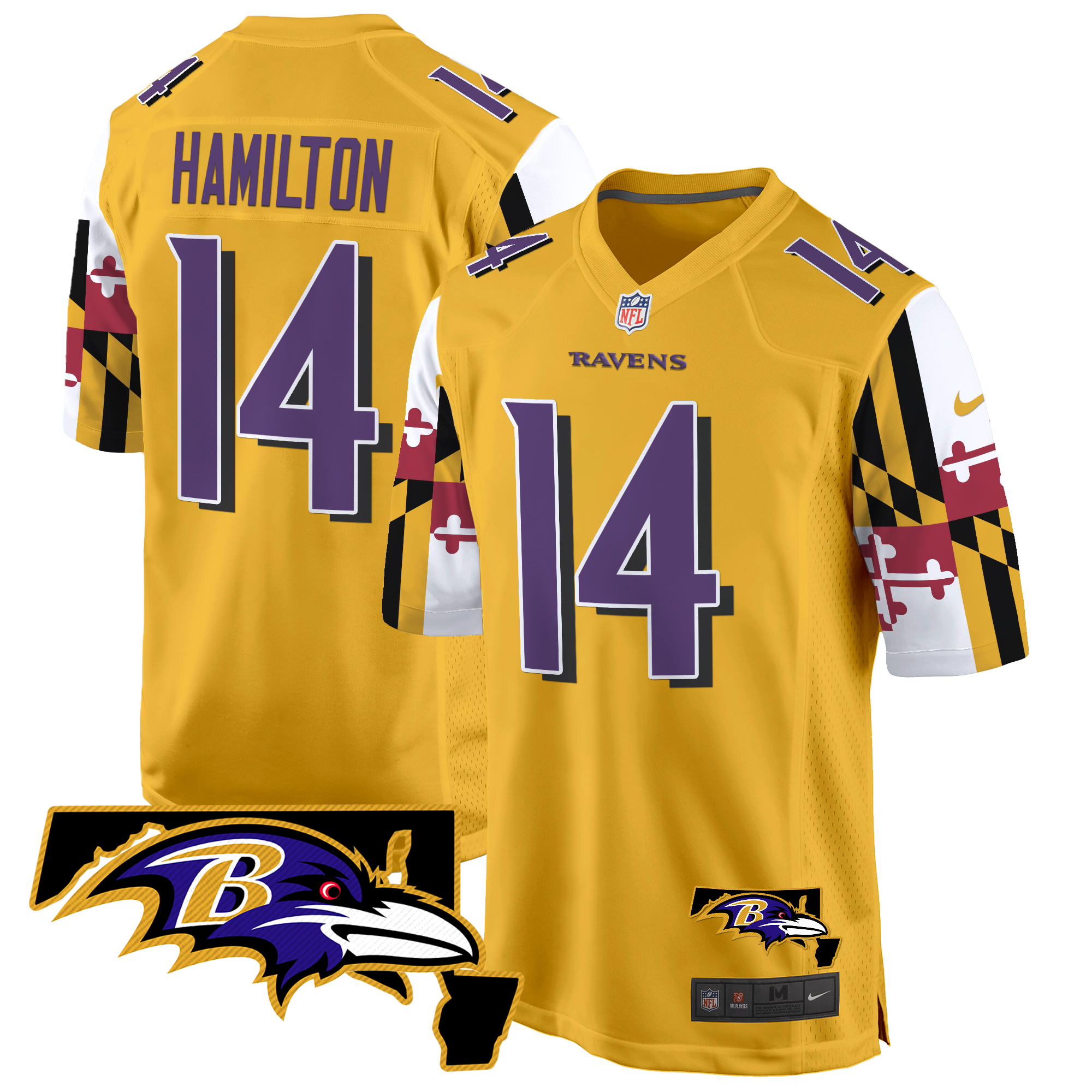 Kyle Hamilton Men's Baltimore Ravens Maryland Flag Game Gold Jersey - All Stitched