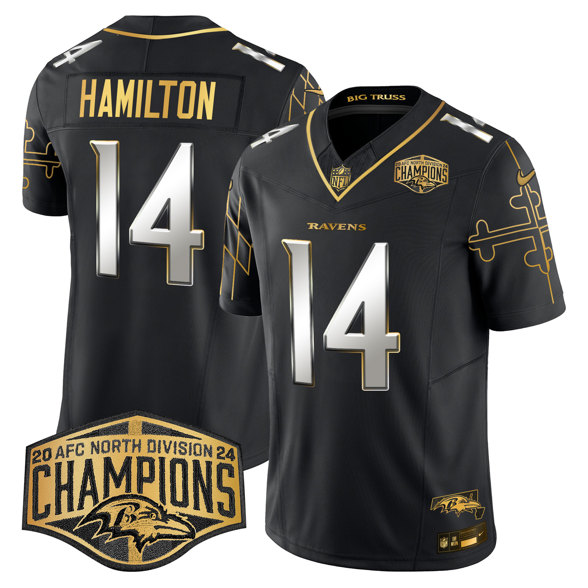 Kyle Hamilton Men's Baltimore Ravens Maryland Flag Map 2024 AFC North Division Champions Patch Gold Vapor Limited Black Limited Jersey - All Stitched