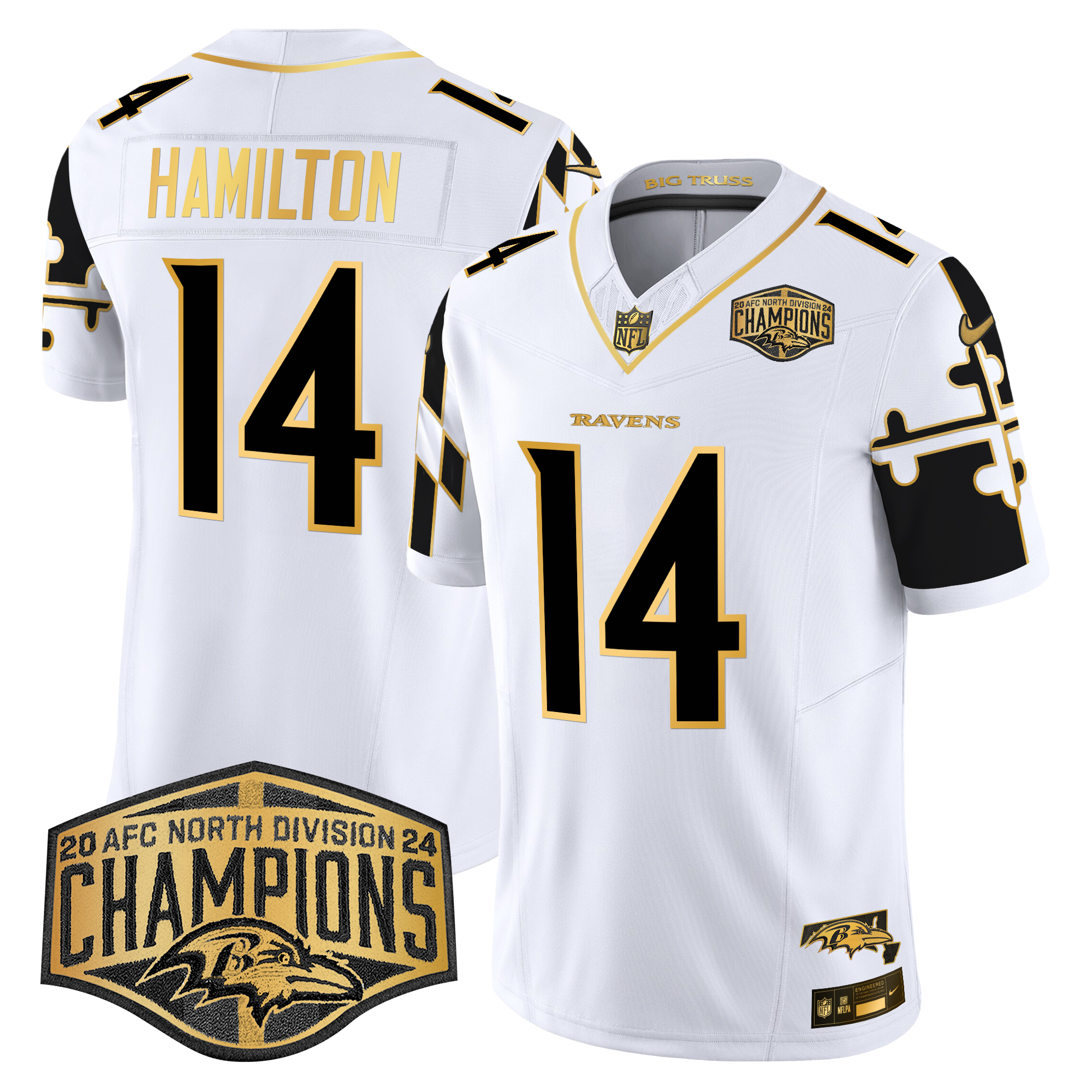 Kyle Hamilton Men's Baltimore Ravens Maryland Flag Map 2024 AFC North Division Champions Patch Gold Vapor Limited White Gold Jersey - All Stitched