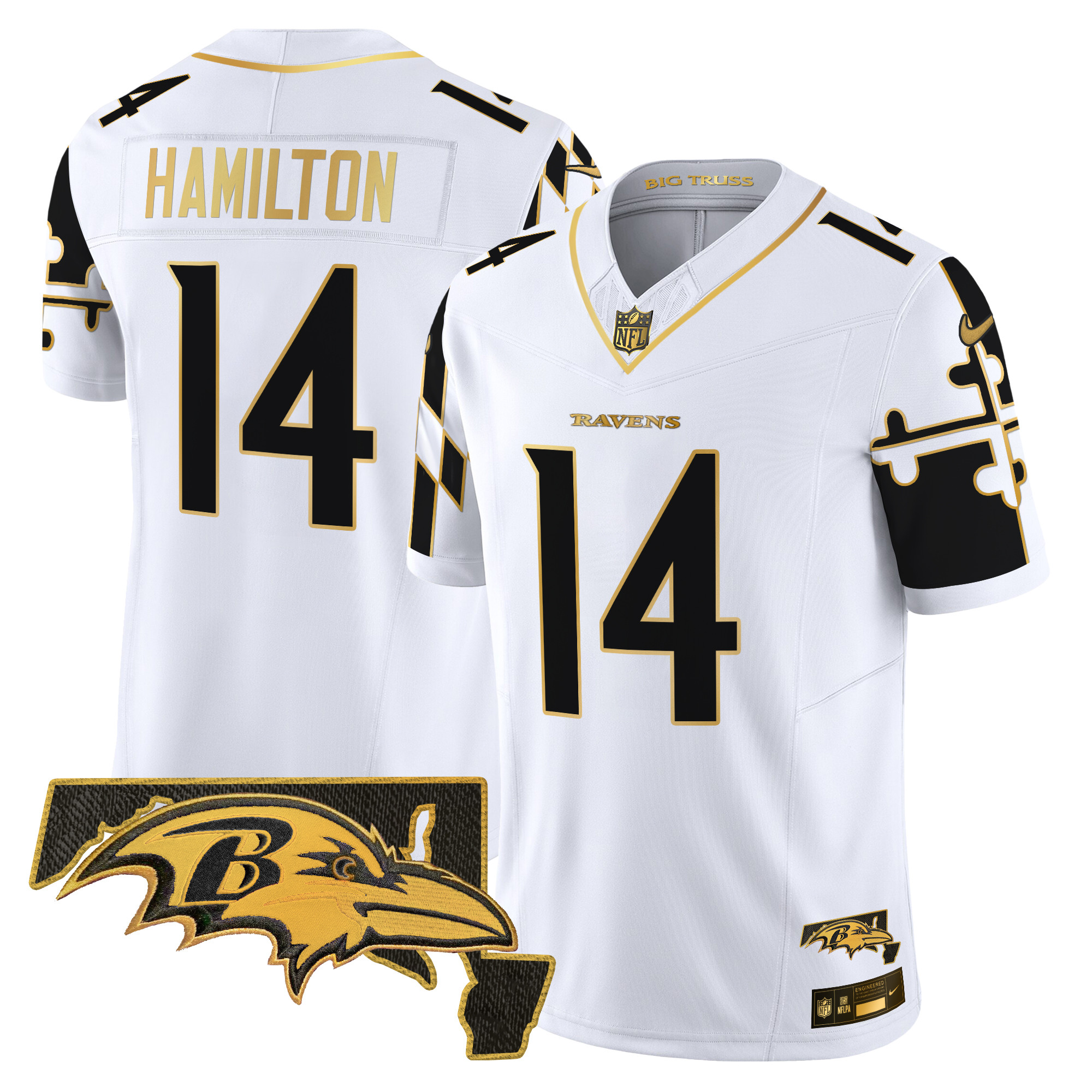 Kyle Hamilton Men's Baltimore Ravens Maryland Flag Map Patch Gold Vapor Limited White Gold Jersey - All Stitched