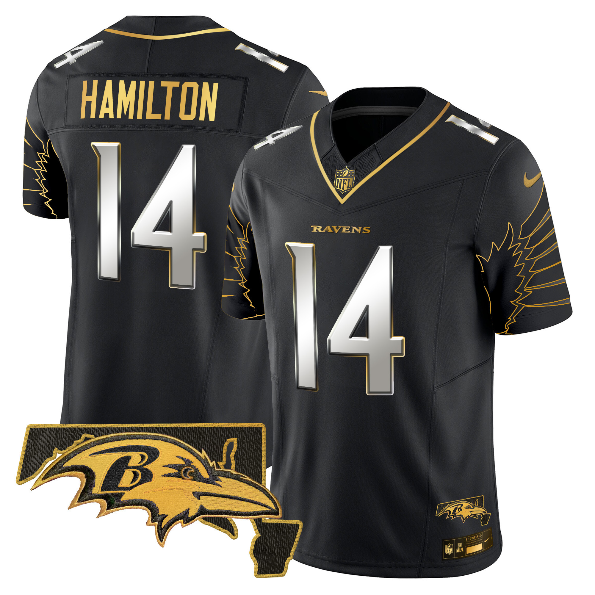 Kyle Hamilton Men's Baltimore Ravens Maryland Patch Gold Vapor Limited Black Limited Jersey - All Stitched