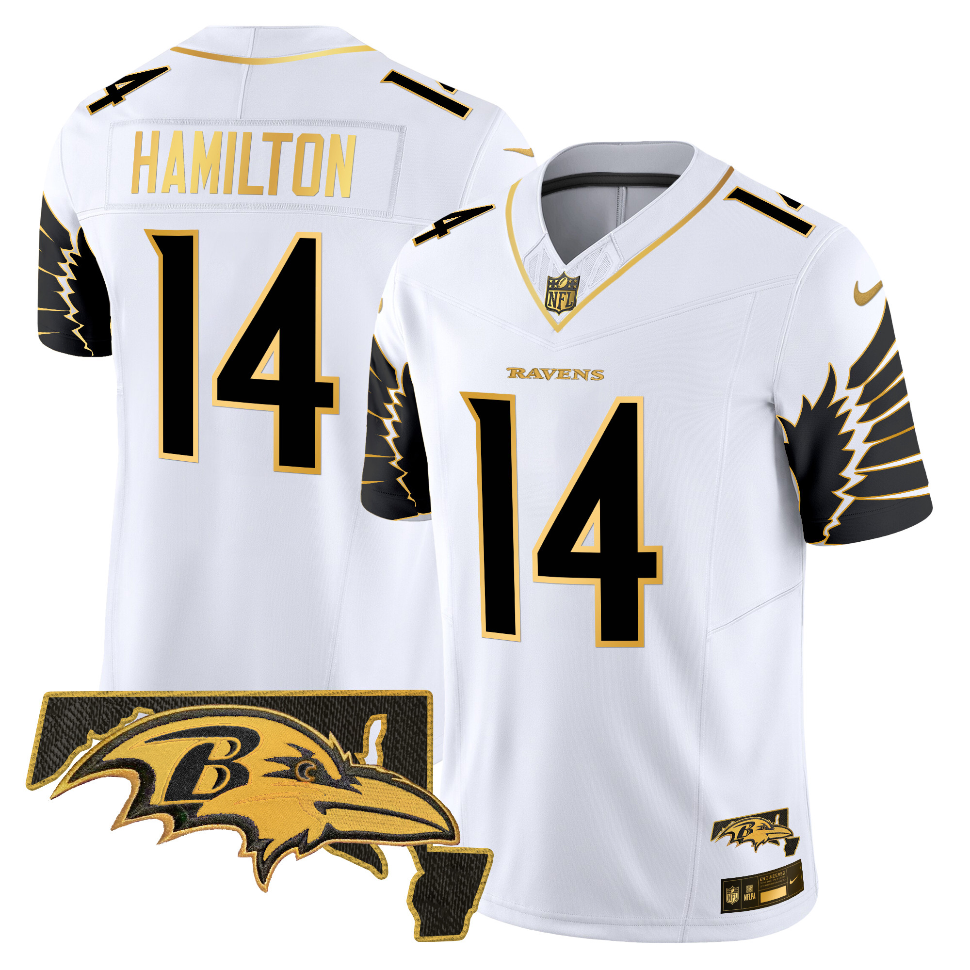 Kyle Hamilton Men's Baltimore Ravens Maryland Patch Gold Vapor Limited White Gold Jersey - All Stitched