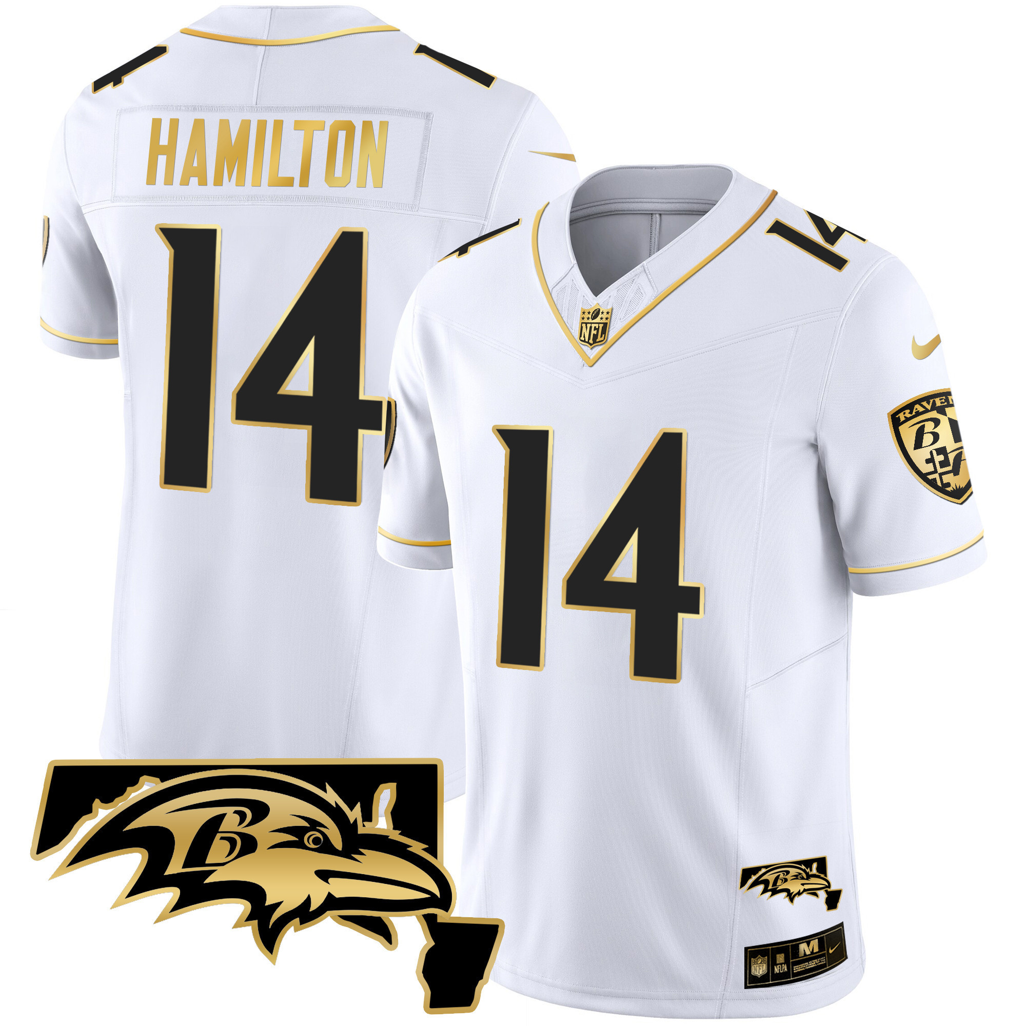 Kyle Hamilton Men's Baltimore Ravens Maryland Patch Vapor Gold White Gold Jersey - All Stitched