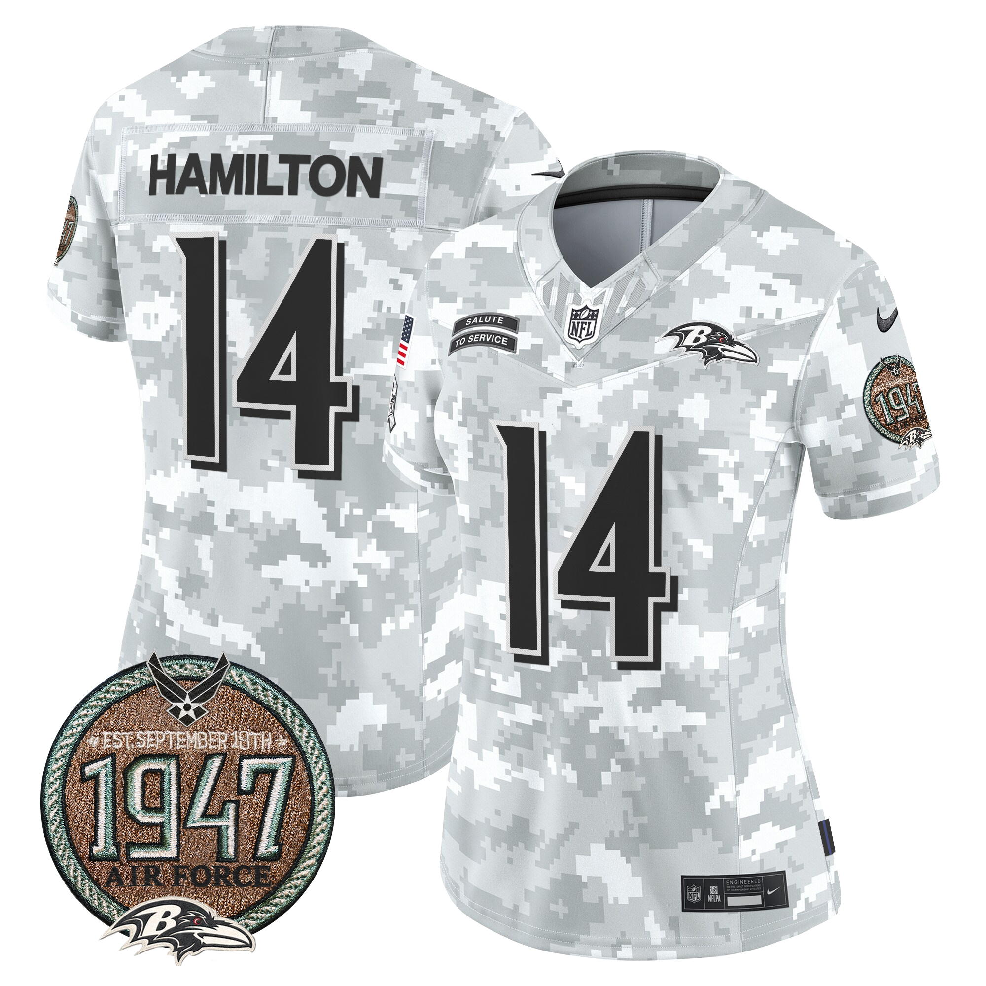 Kyle Hamilton Women's Baltimore Ravens 2024 Salute to Service Establishment Year Patch Vapor Limited Air Force Jersey - All Stitched