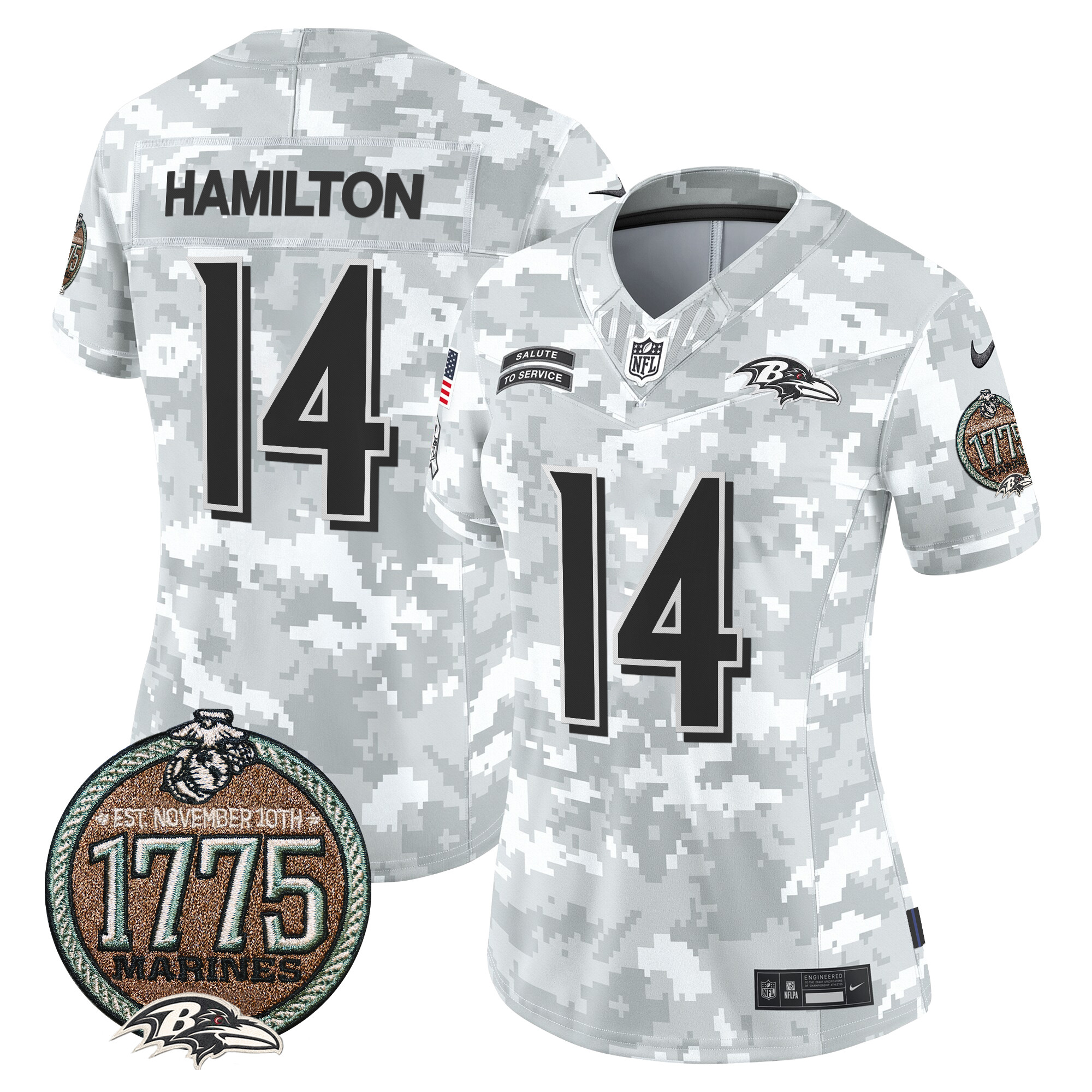 Kyle Hamilton Women's Baltimore Ravens 2024 Salute to Service Establishment Year Patch Vapor Limited Marines Jersey - All Stitched