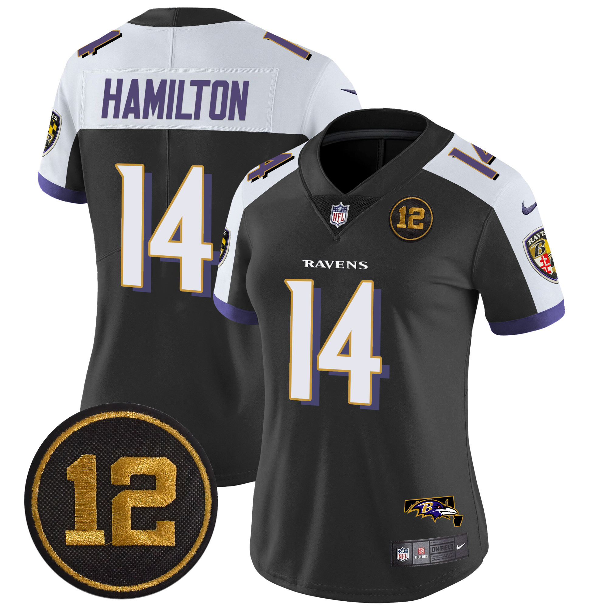 Kyle Hamilton Women's Baltimore Ravens Jacoby Jones Patch Vapor Limited Black Alternate Jersey - All Stitched