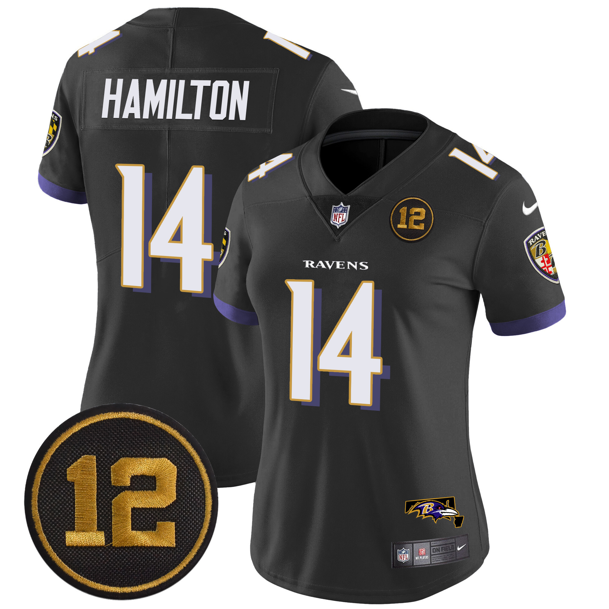 Kyle Hamilton Women's Baltimore Ravens Jacoby Jones Patch Vapor Limited Black Jersey - All Stitched