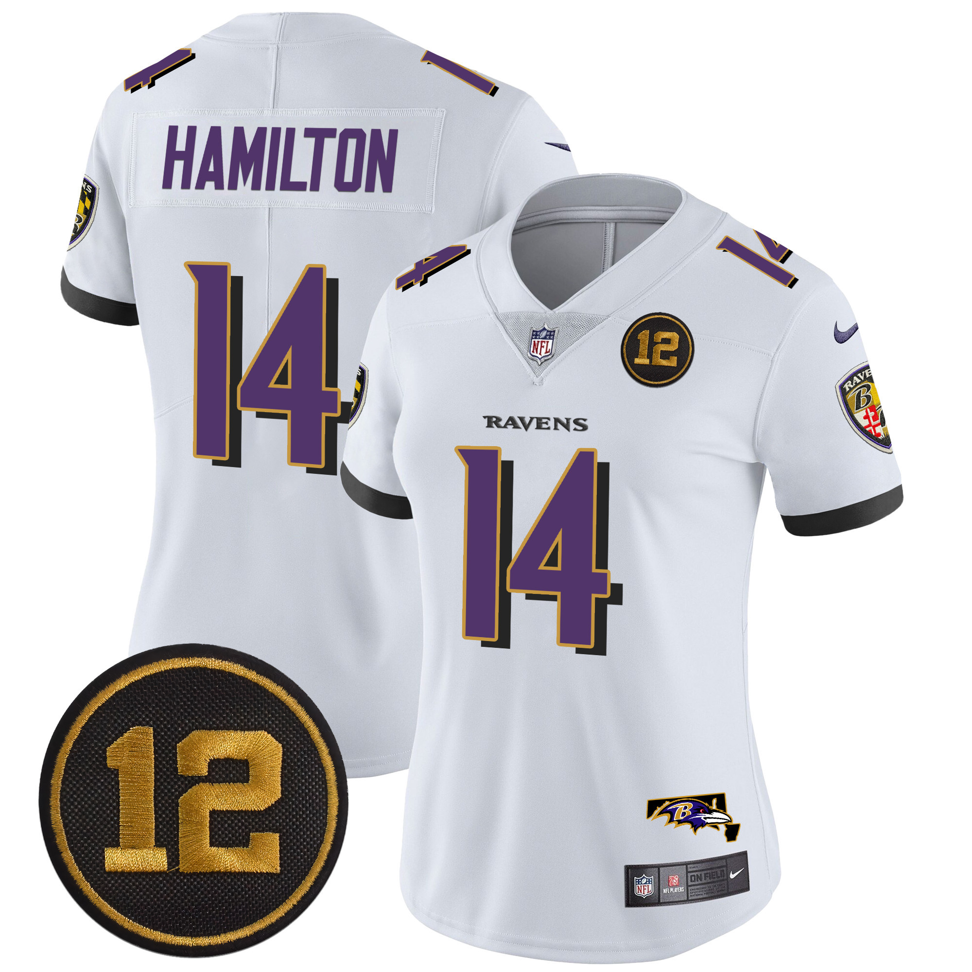 Kyle Hamilton Women's Baltimore Ravens Jacoby Jones Patch Vapor Limited White Jersey - All Stitched