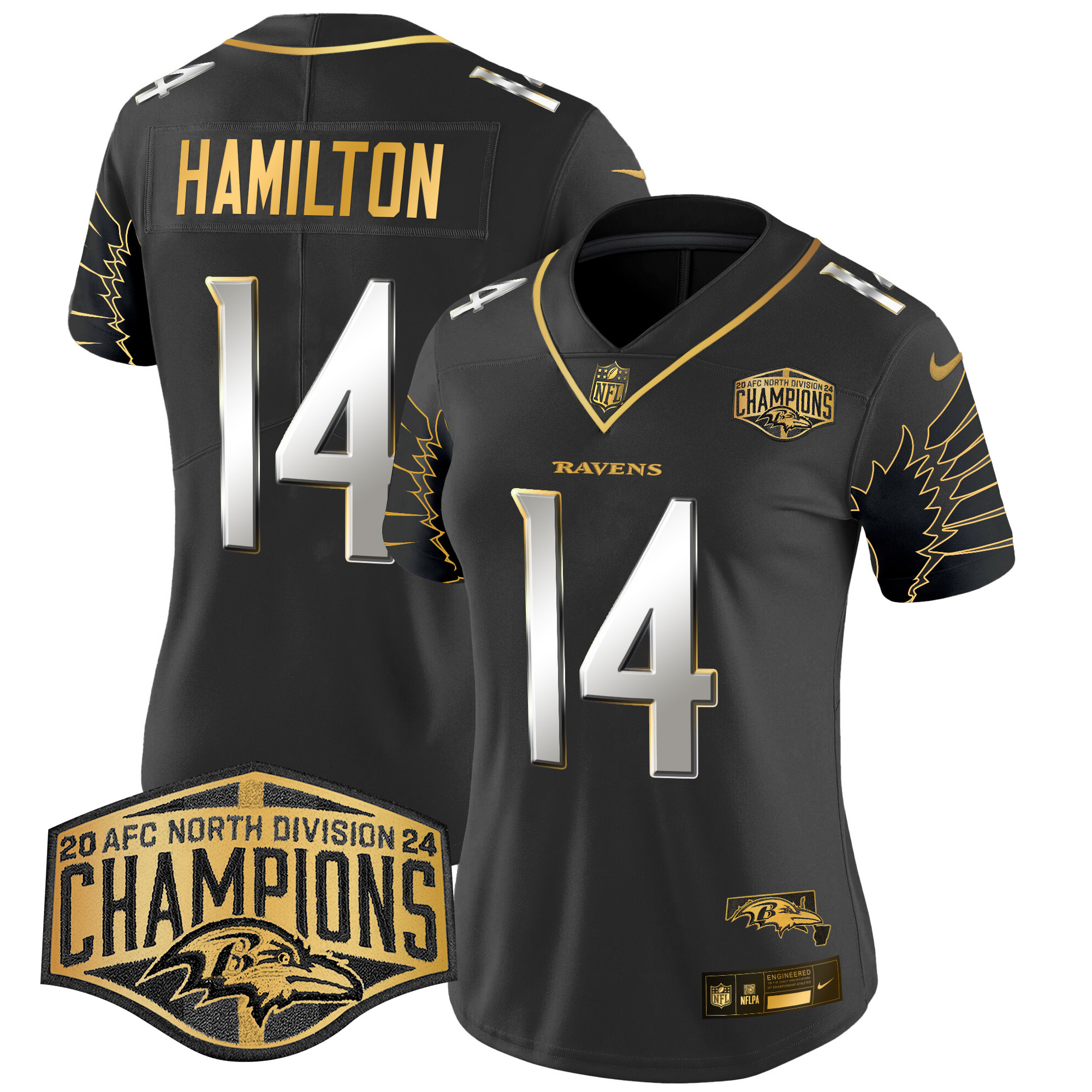 Kyle Hamilton Women's Baltimore Ravens Maryland 2024 AFC North Division Champions Patch Gold Vapor Limited Black Limited Jersey - All Stitched