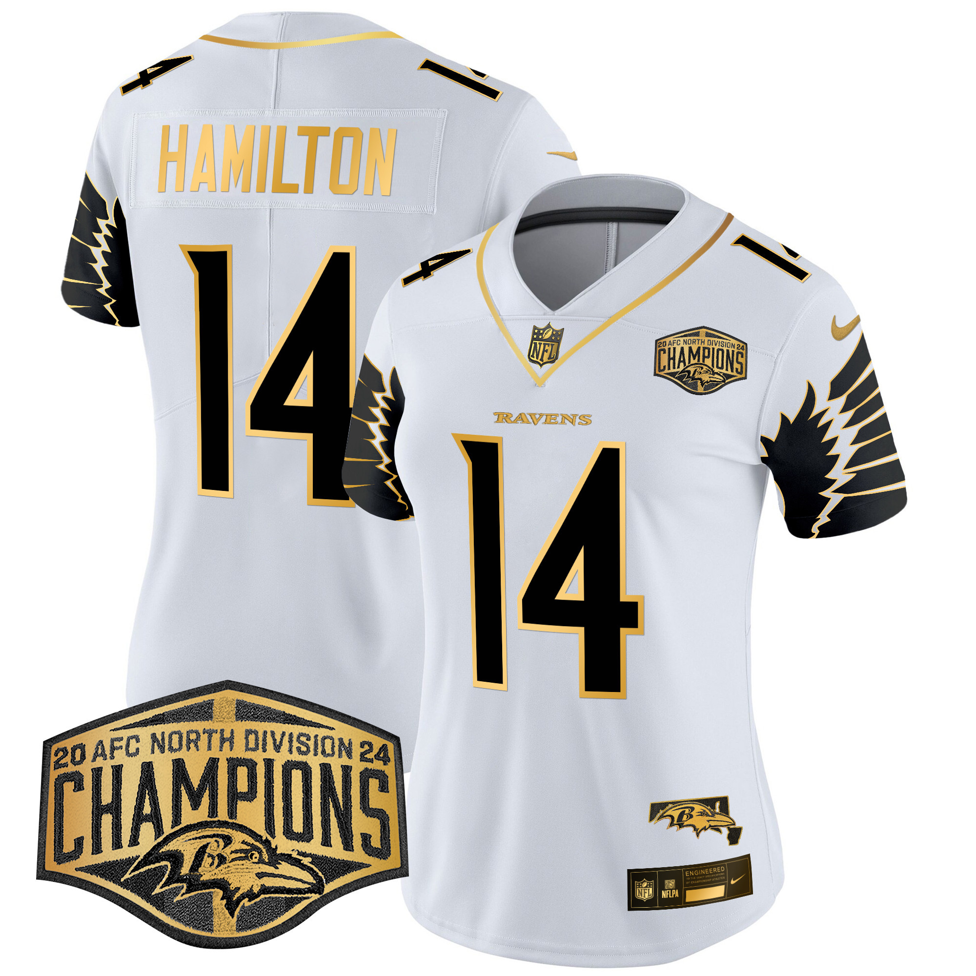 Kyle Hamilton Women's Baltimore Ravens Maryland 2024 AFC North Division Champions Patch Gold Vapor Limited White Gold Jersey - All Stitched