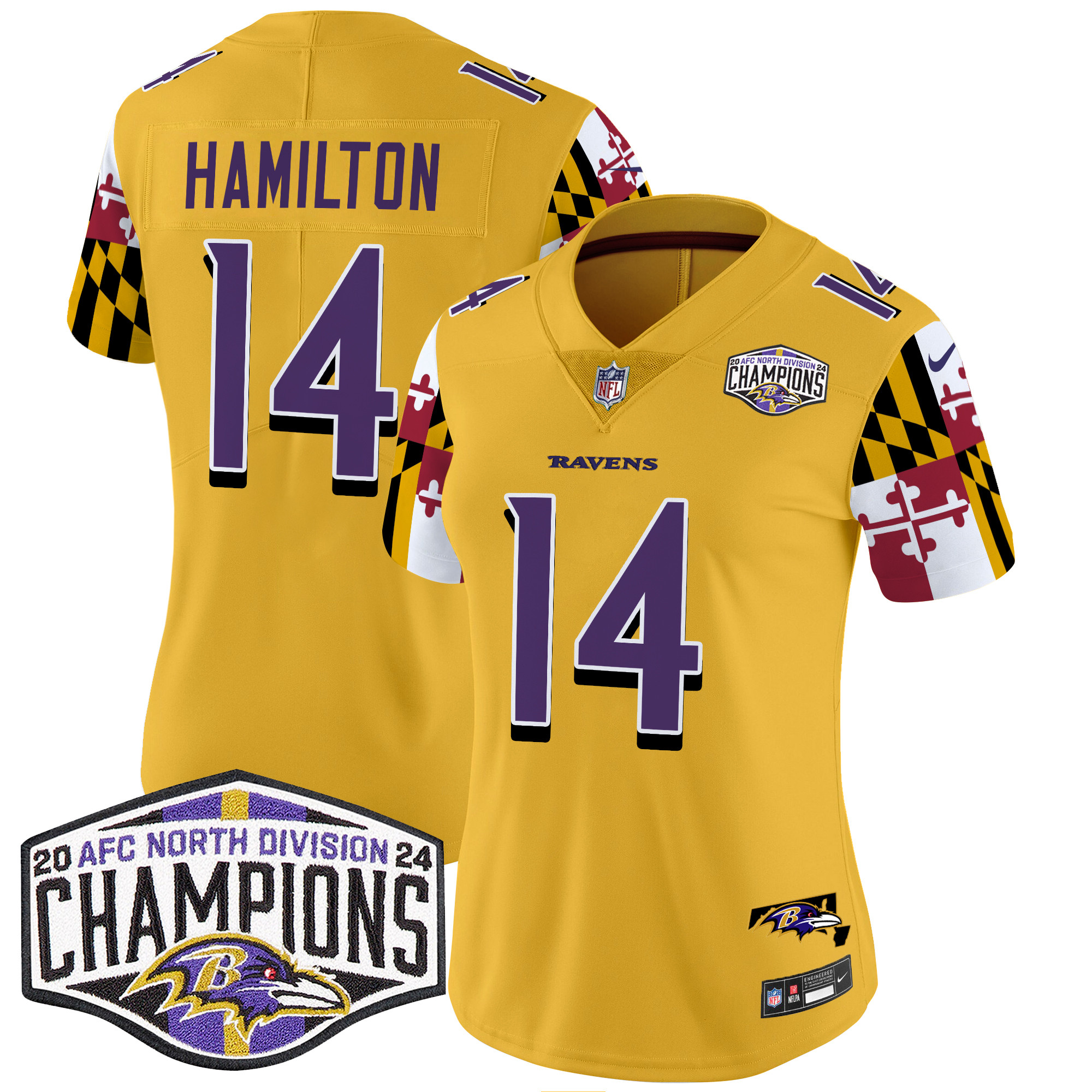 Kyle Hamilton Women's Baltimore Ravens Maryland Flag 2024 AFC North Division Champions Patch Vapor Limited Gold Jersey - All Stitched