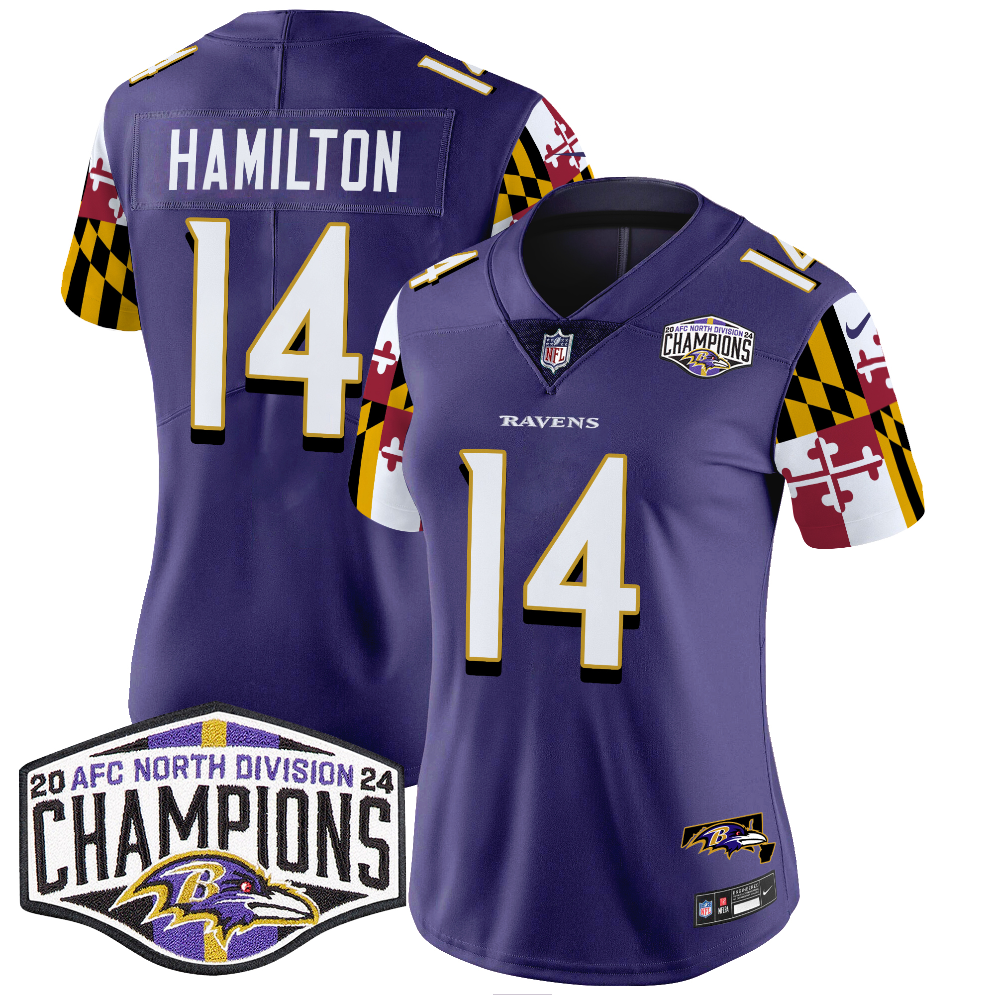 Kyle Hamilton Women's Baltimore Ravens Maryland Flag 2024 AFC North Division Champions Patch Vapor Limited Purple Jersey - All Stitched